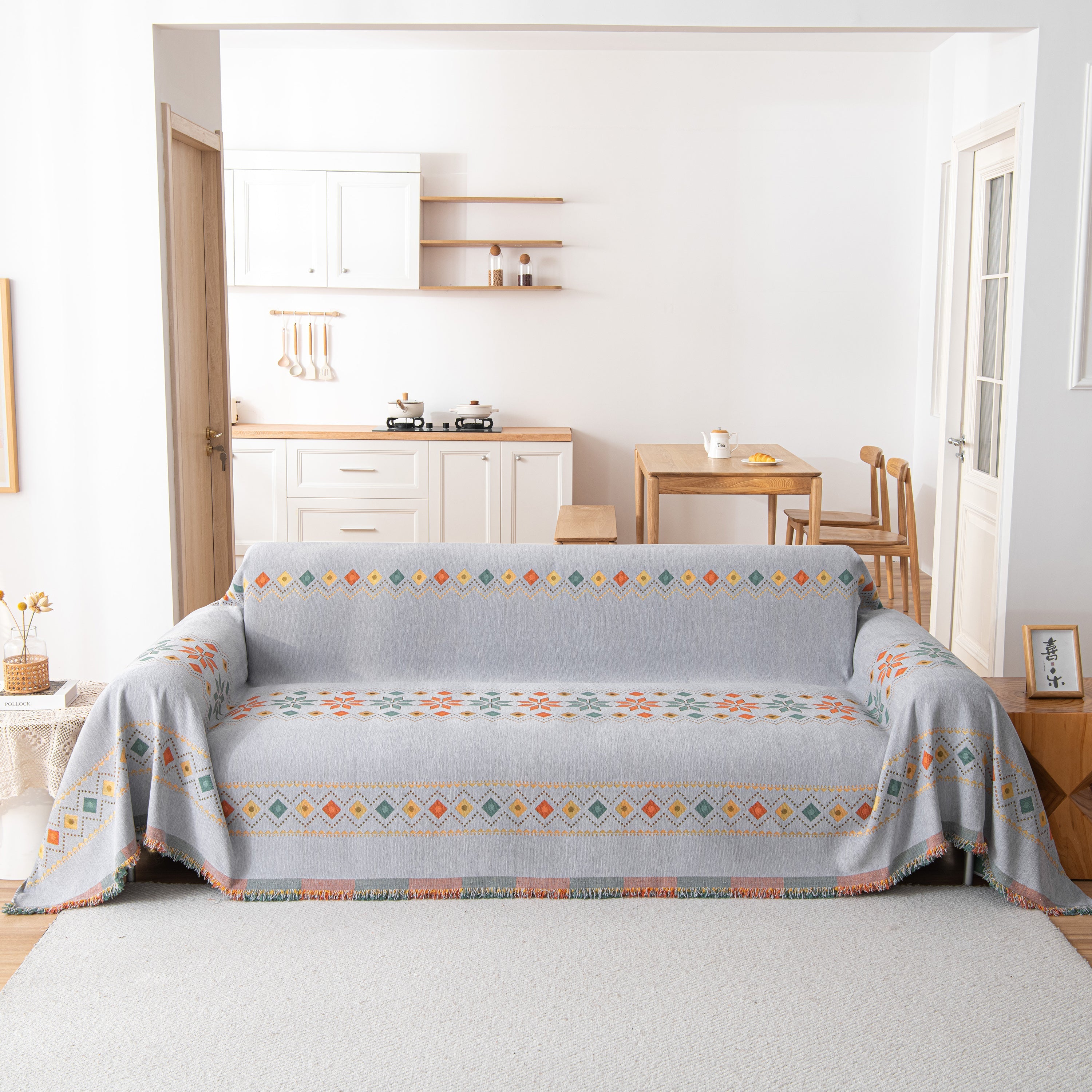 Bohemian Geometric Sofa Throw Cover, Cozy & Protective Ethnic-inspired Couch Cover