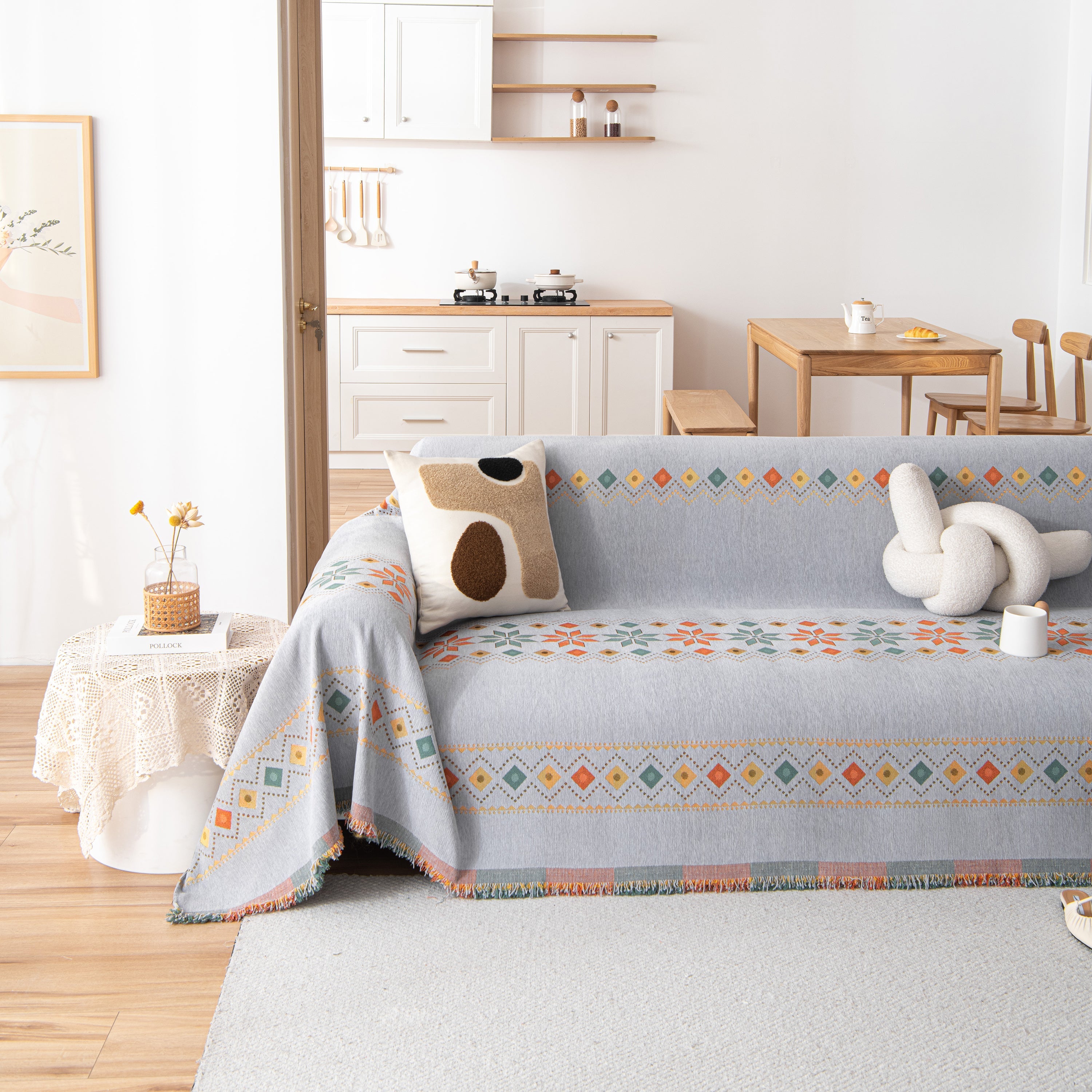 Bohemian Geometric Sofa Throw Cover, Cozy & Protective Ethnic-inspired Couch Cover