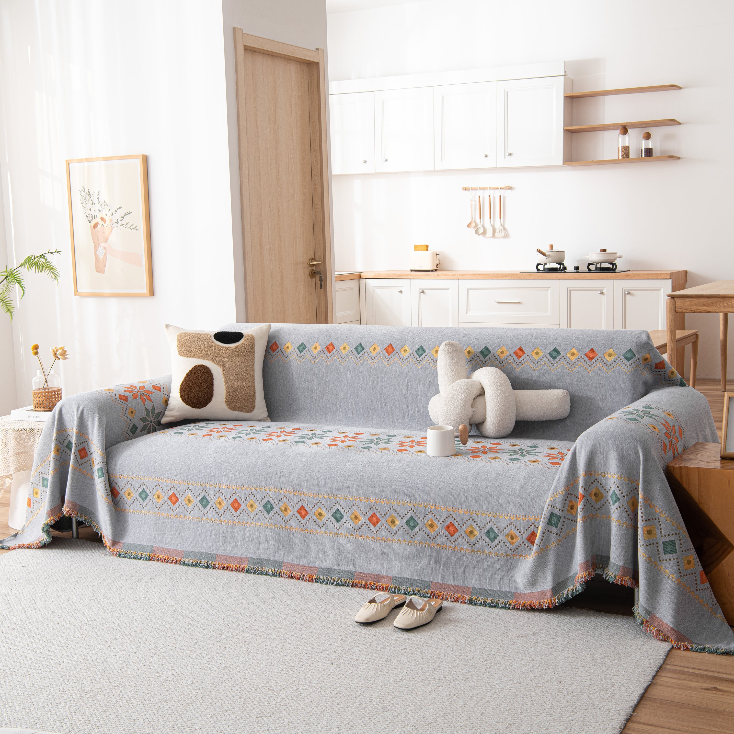 Bohemian Geometric Sofa Throw Cover, Cozy & Protective Ethnic-inspired Couch Cover
