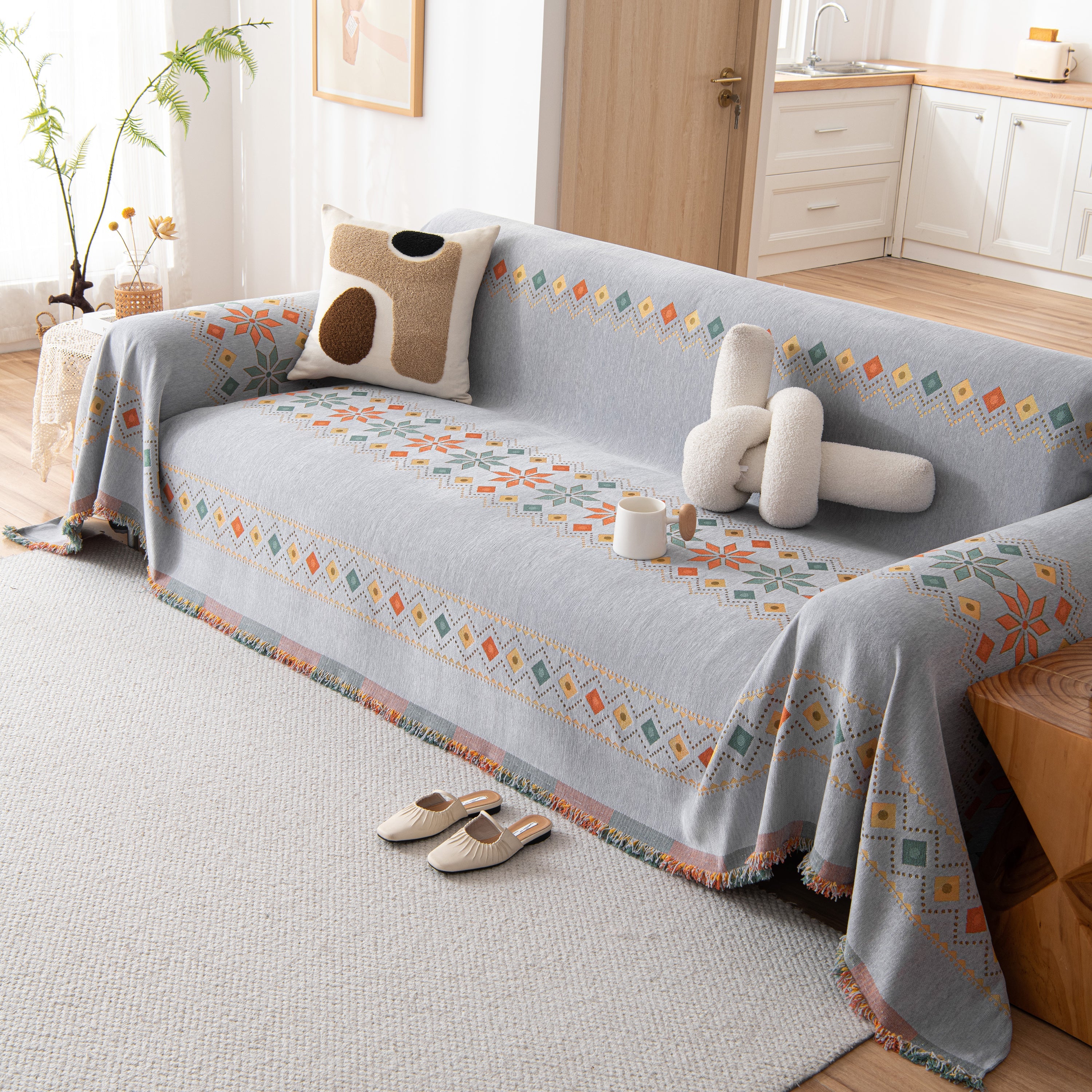 Bohemian Geometric Sofa Throw Cover, Cozy & Protective Ethnic-inspired Couch Cover