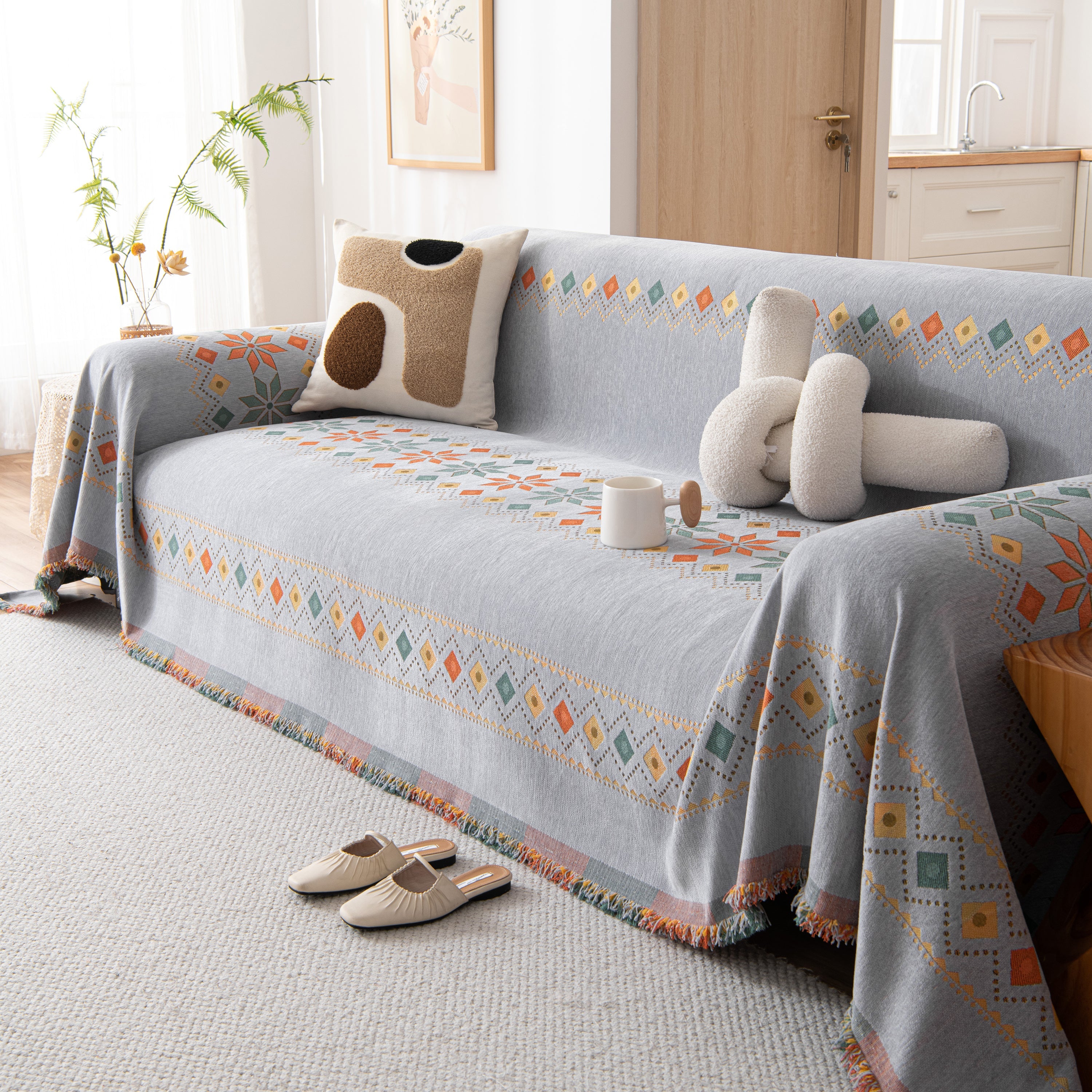 Bohemian Geometric Sofa Throw Cover, Cozy & Protective Ethnic-inspired Couch Cover