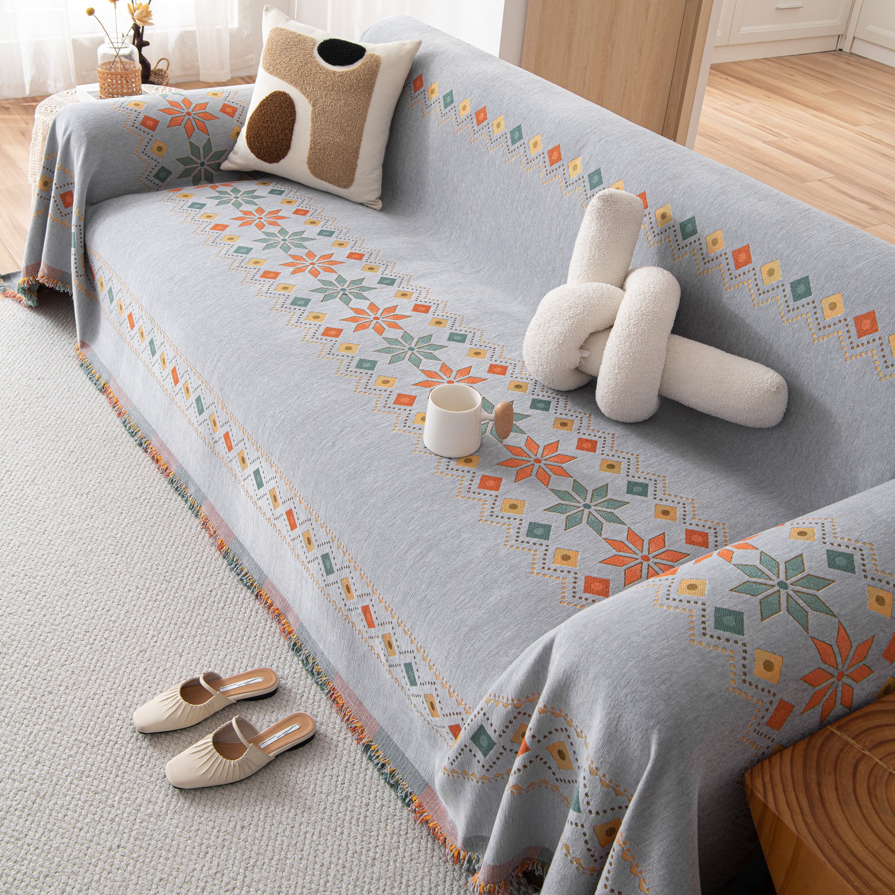 Bohemian Geometric Sofa Throw Cover, Cozy & Protective Ethnic-inspired Couch Cover