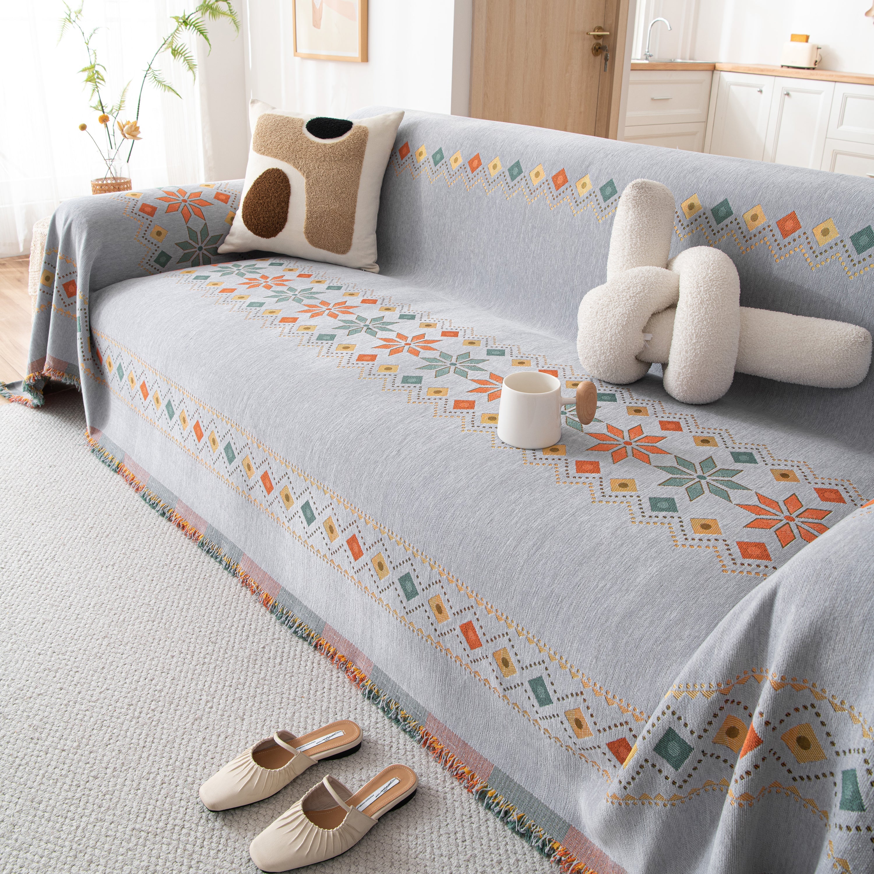 Bohemian Geometric Sofa Throw Cover, Cozy & Protective Ethnic-inspired Couch Cover