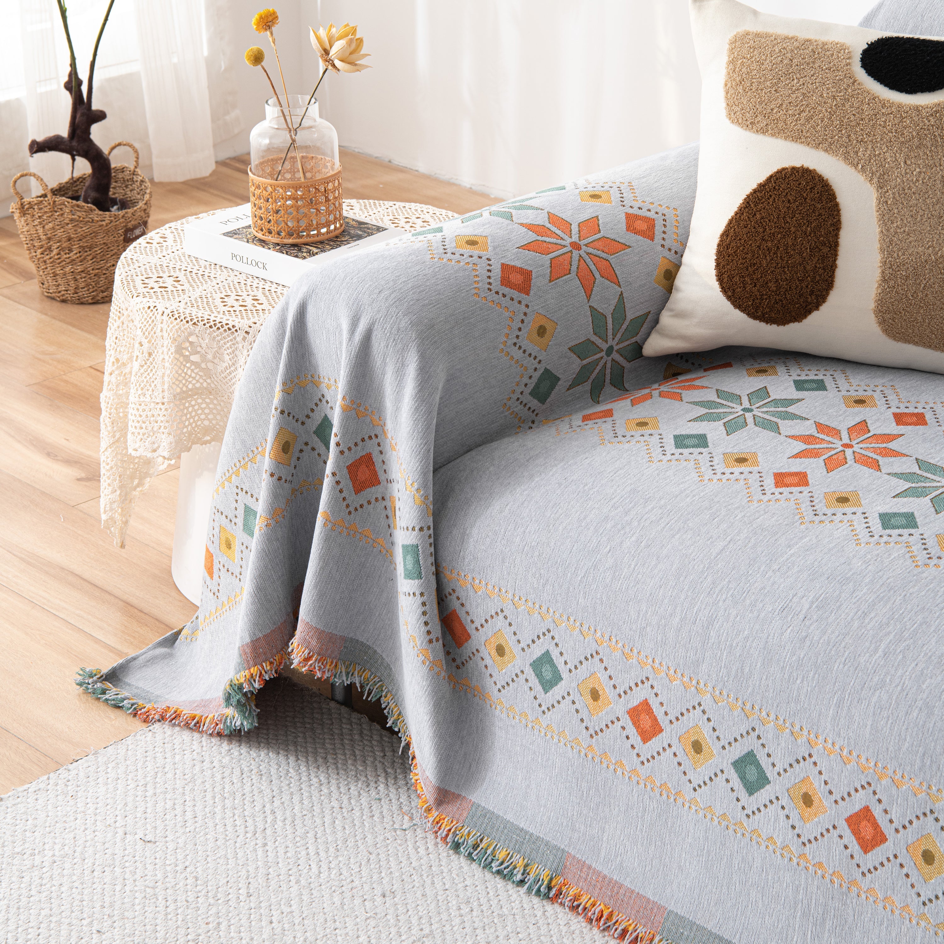 Bohemian Geometric Sofa Throw Cover, Cozy & Protective Ethnic-inspired Couch Cover