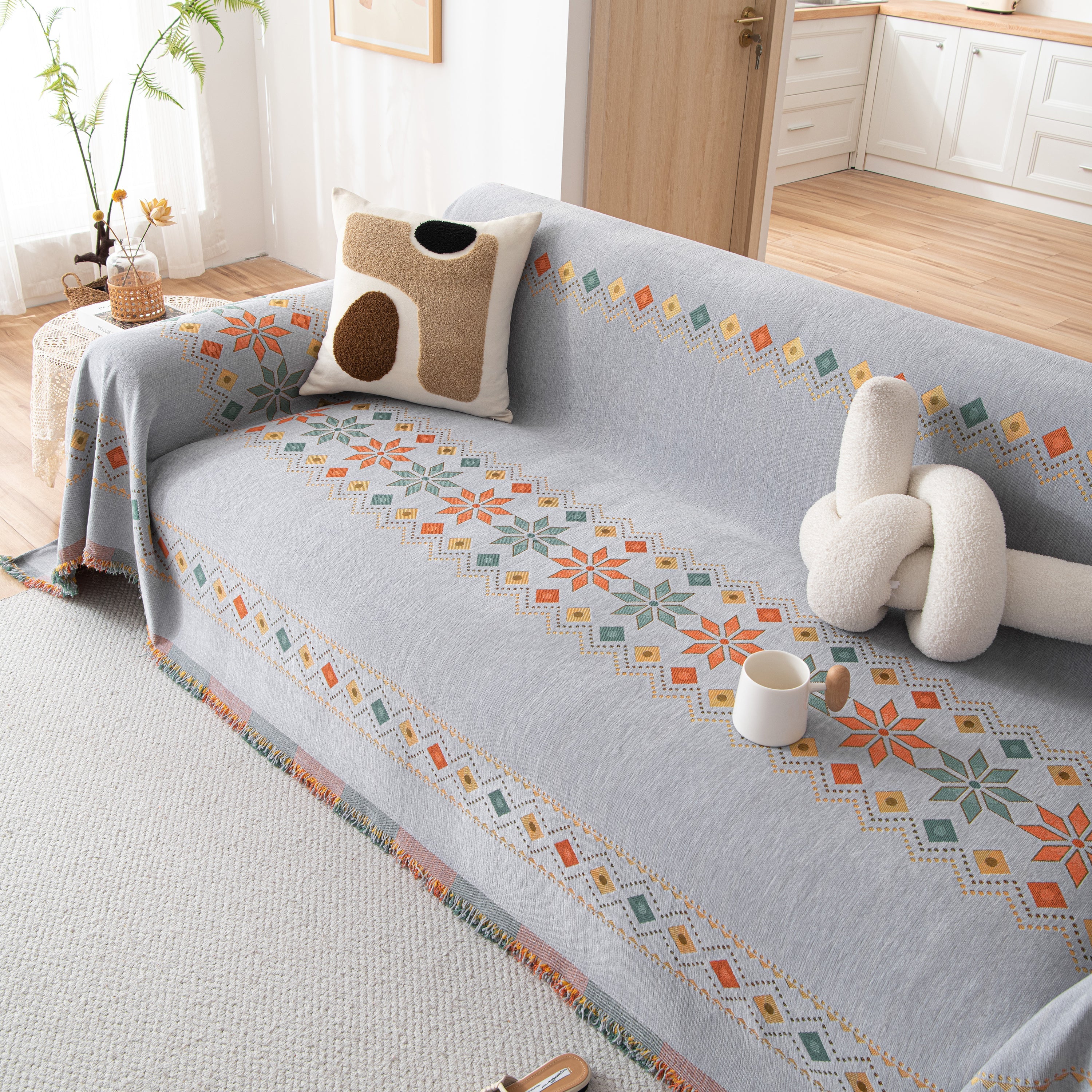 Bohemian Geometric Sofa Throw Cover, Cozy & Protective Ethnic-inspired Couch Cover