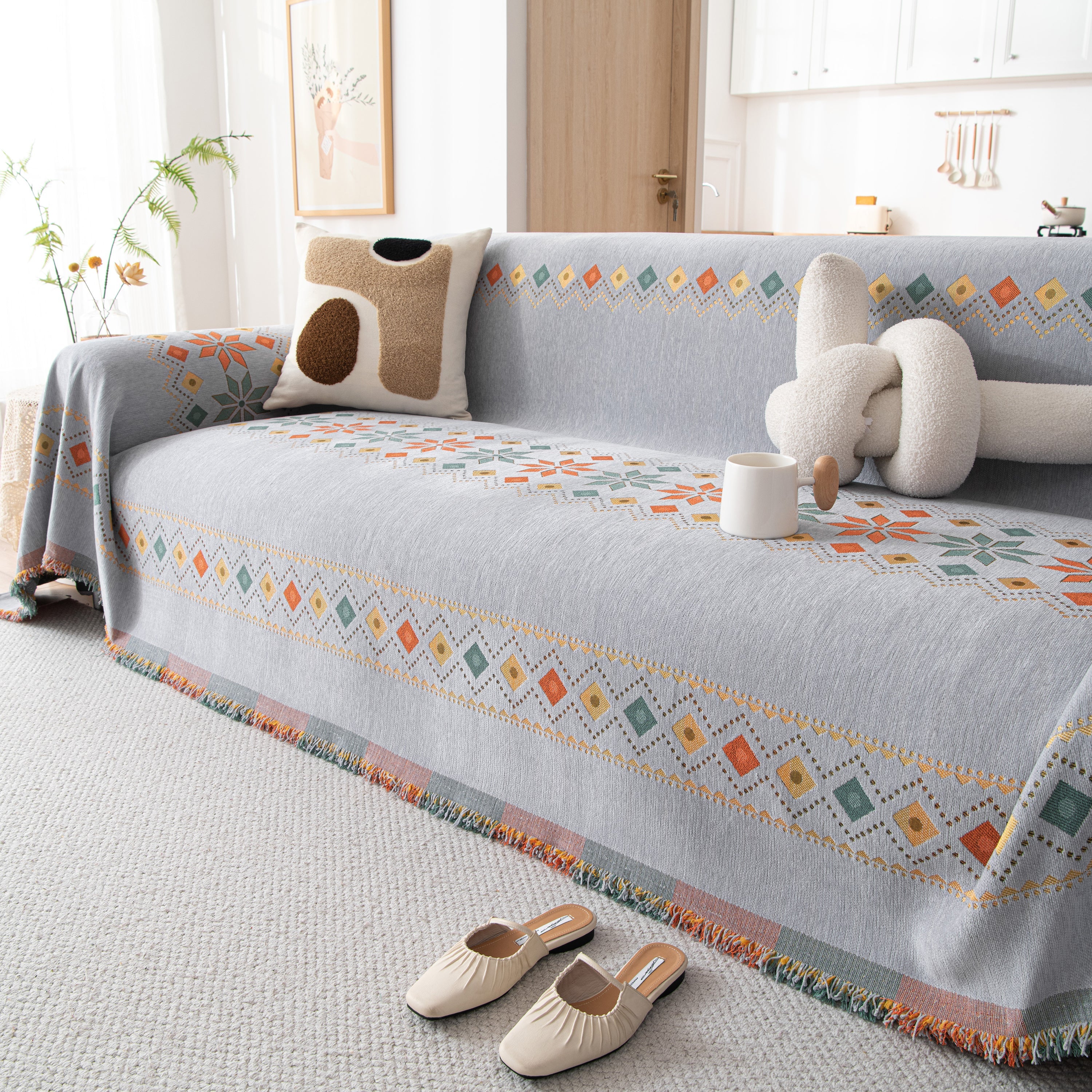 Bohemian Geometric Sofa Throw Cover, Cozy & Protective Ethnic-inspired Couch Cover