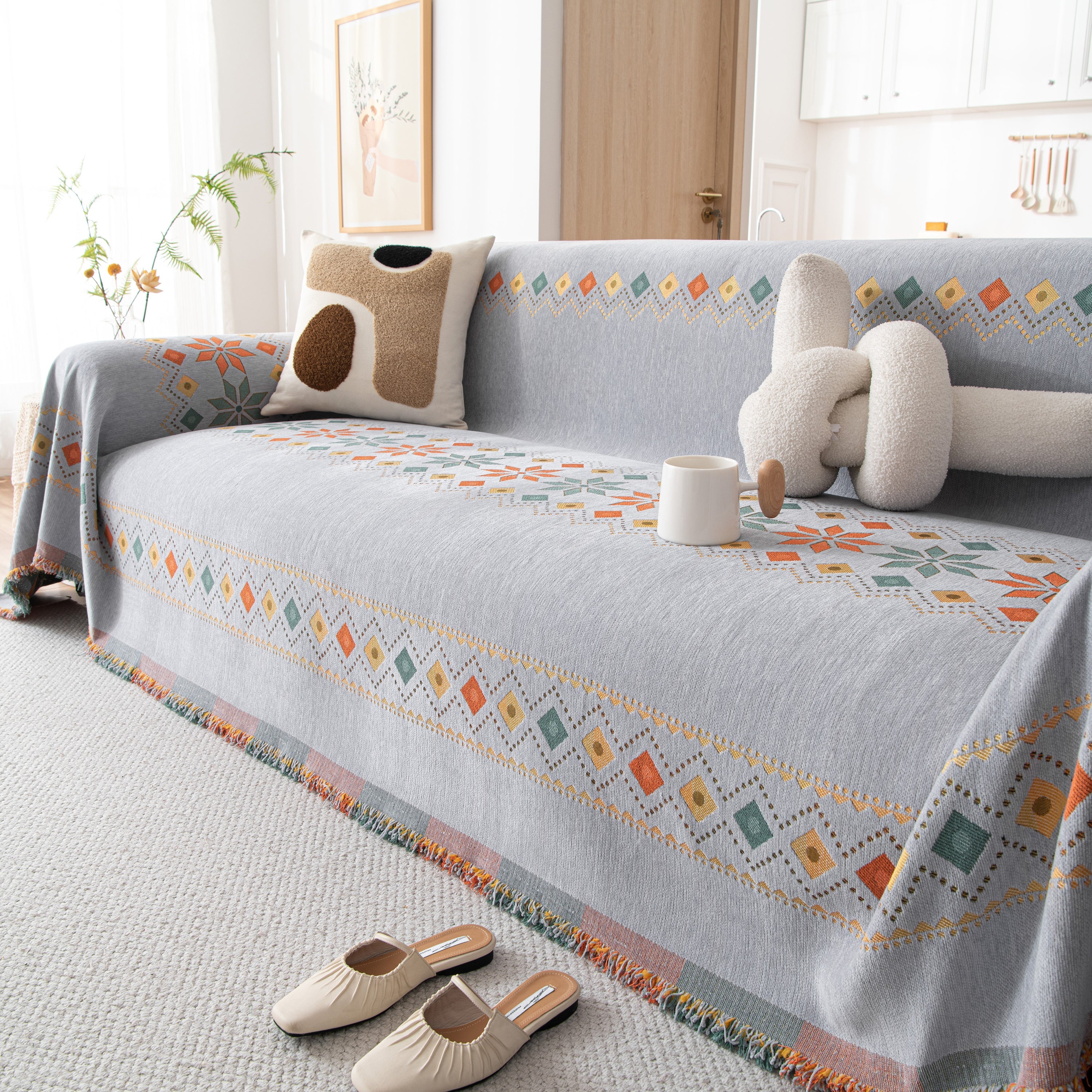 Bohemian Geometric Sofa Throw Cover, Cozy & Protective Ethnic-inspired Couch Cover