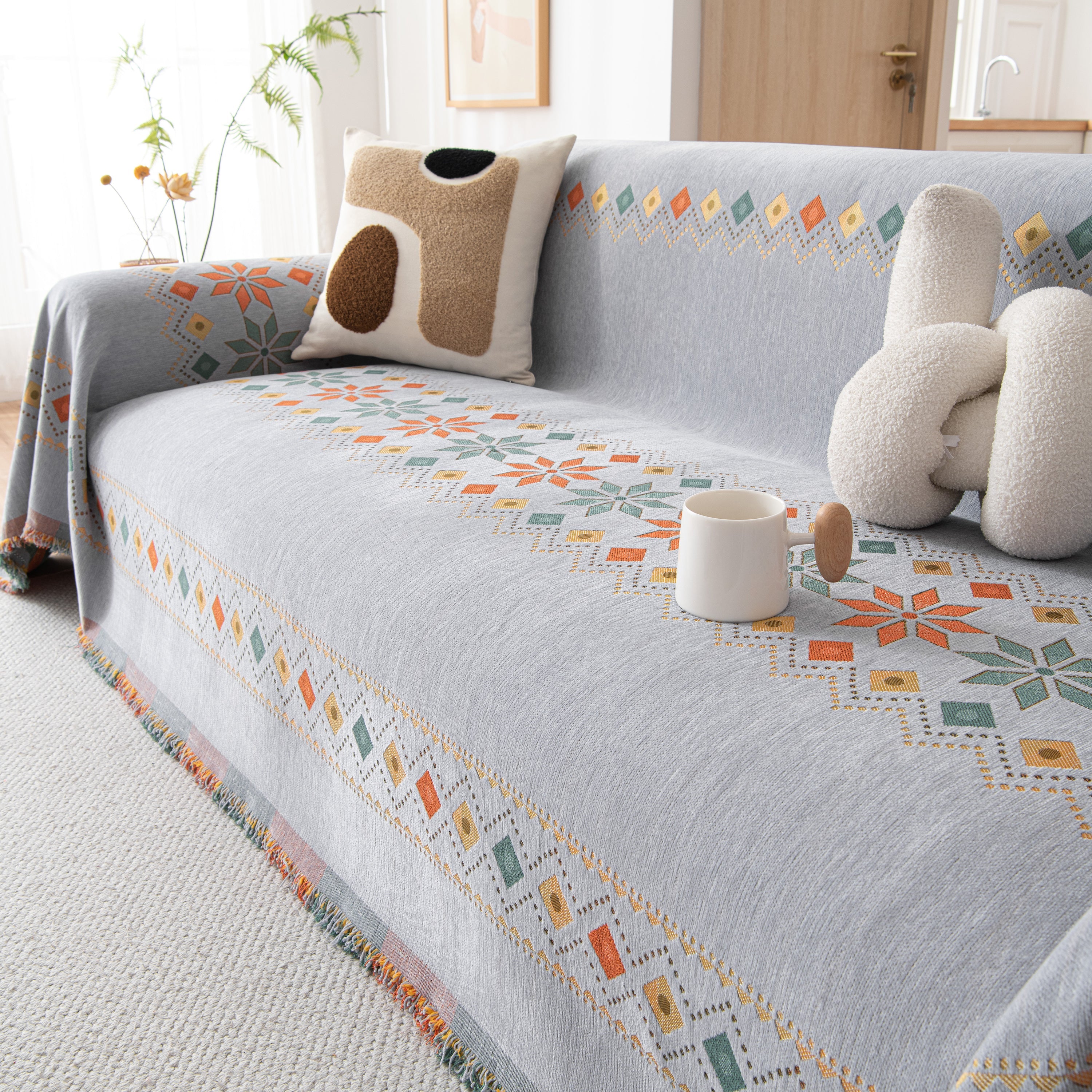 Bohemian Geometric Sofa Throw Cover, Cozy & Protective Ethnic-inspired Couch Cover