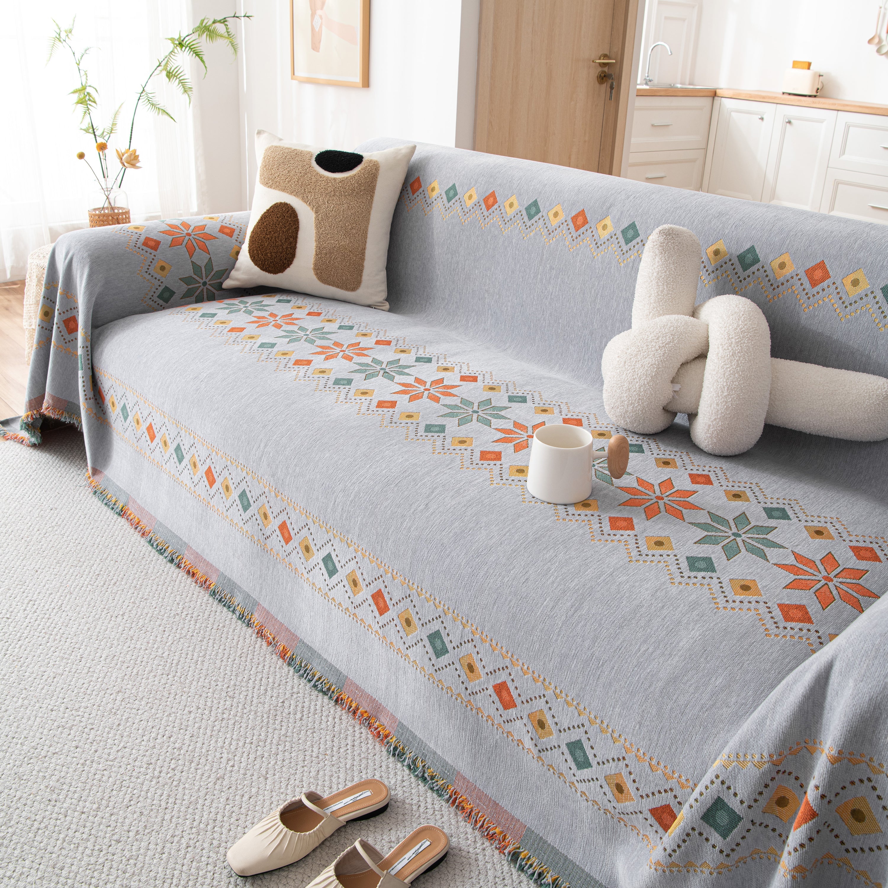 Bohemian Geometric Sofa Throw Cover, Cozy & Protective Ethnic-inspired Couch Cover