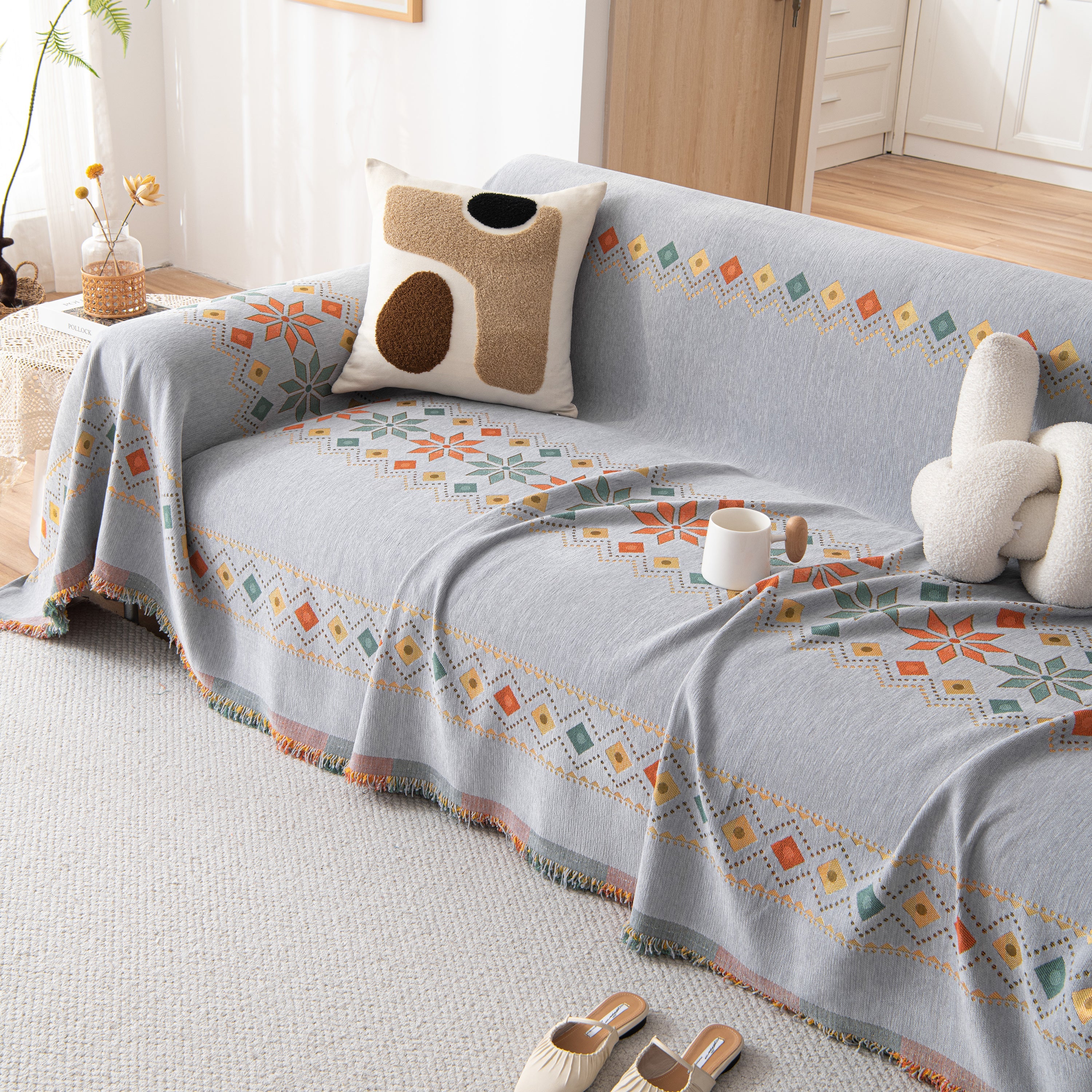 Bohemian Geometric Sofa Throw Cover, Cozy & Protective Ethnic-inspired Couch Cover