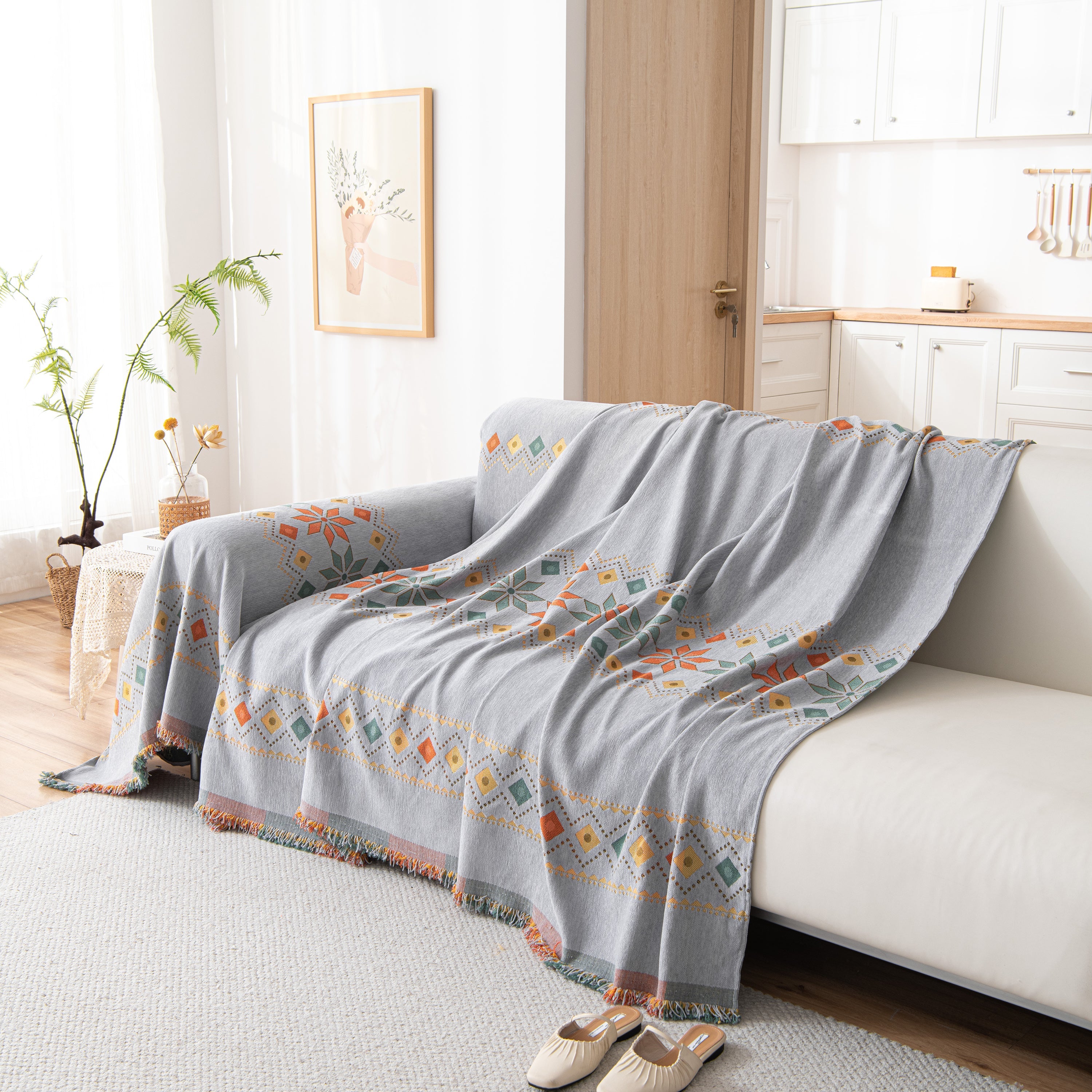Bohemian Geometric Sofa Throw Cover, Cozy & Protective Ethnic-inspired Couch Cover