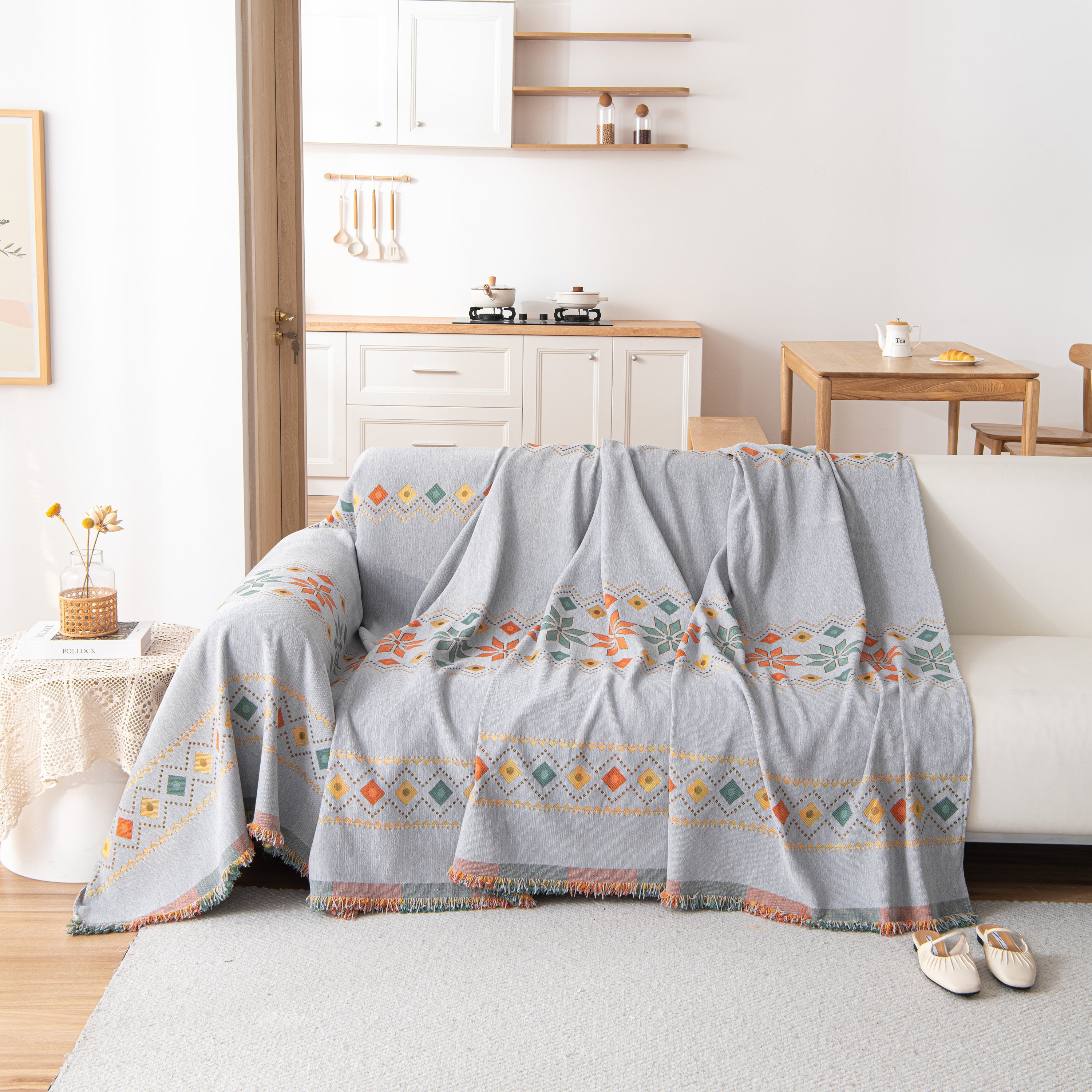 Bohemian Geometric Sofa Throw Cover, Cozy & Protective Ethnic-inspired Couch Cover