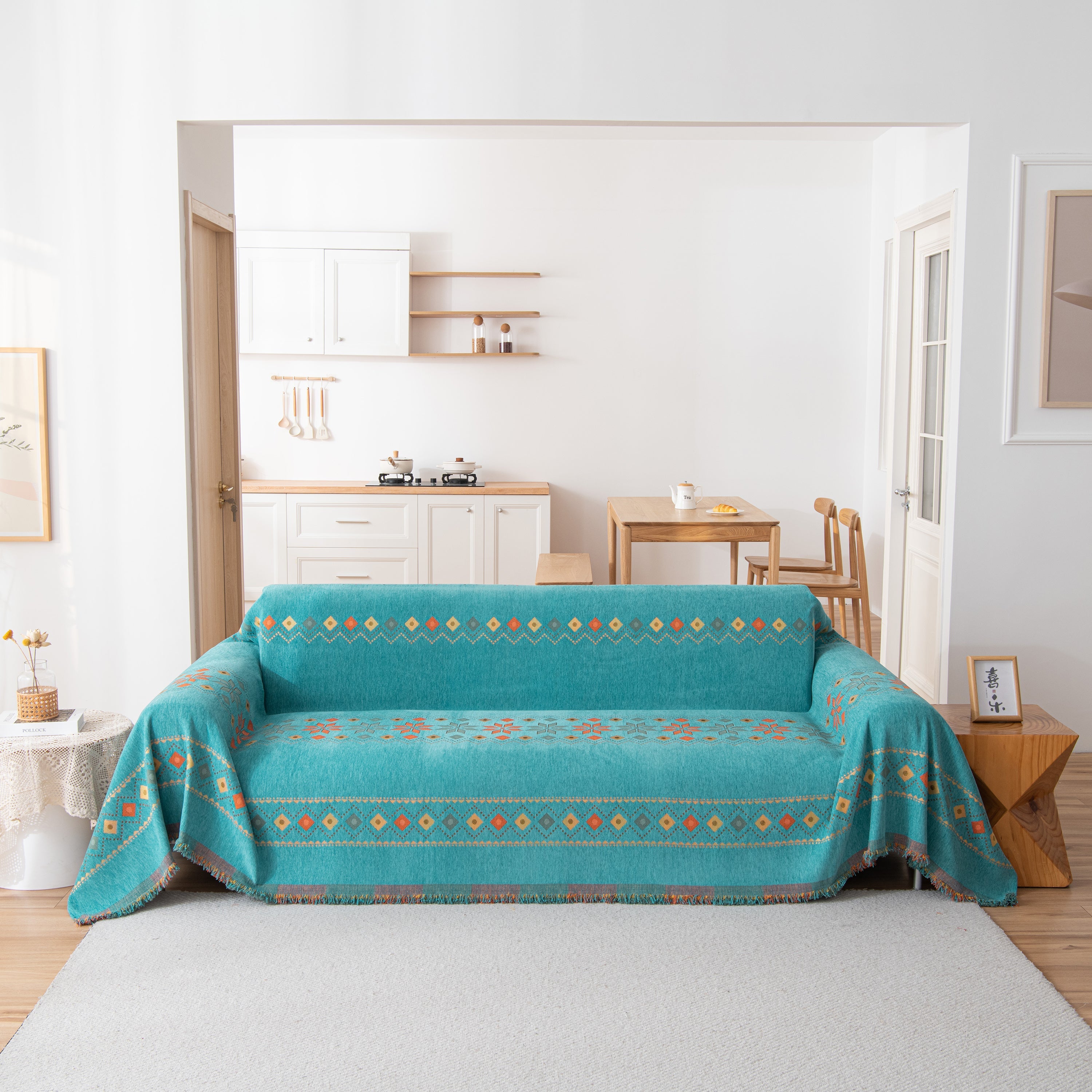 Bohemian Geometric Sofa Throw Cover, Cozy & Protective Ethnic-inspired Couch Cover