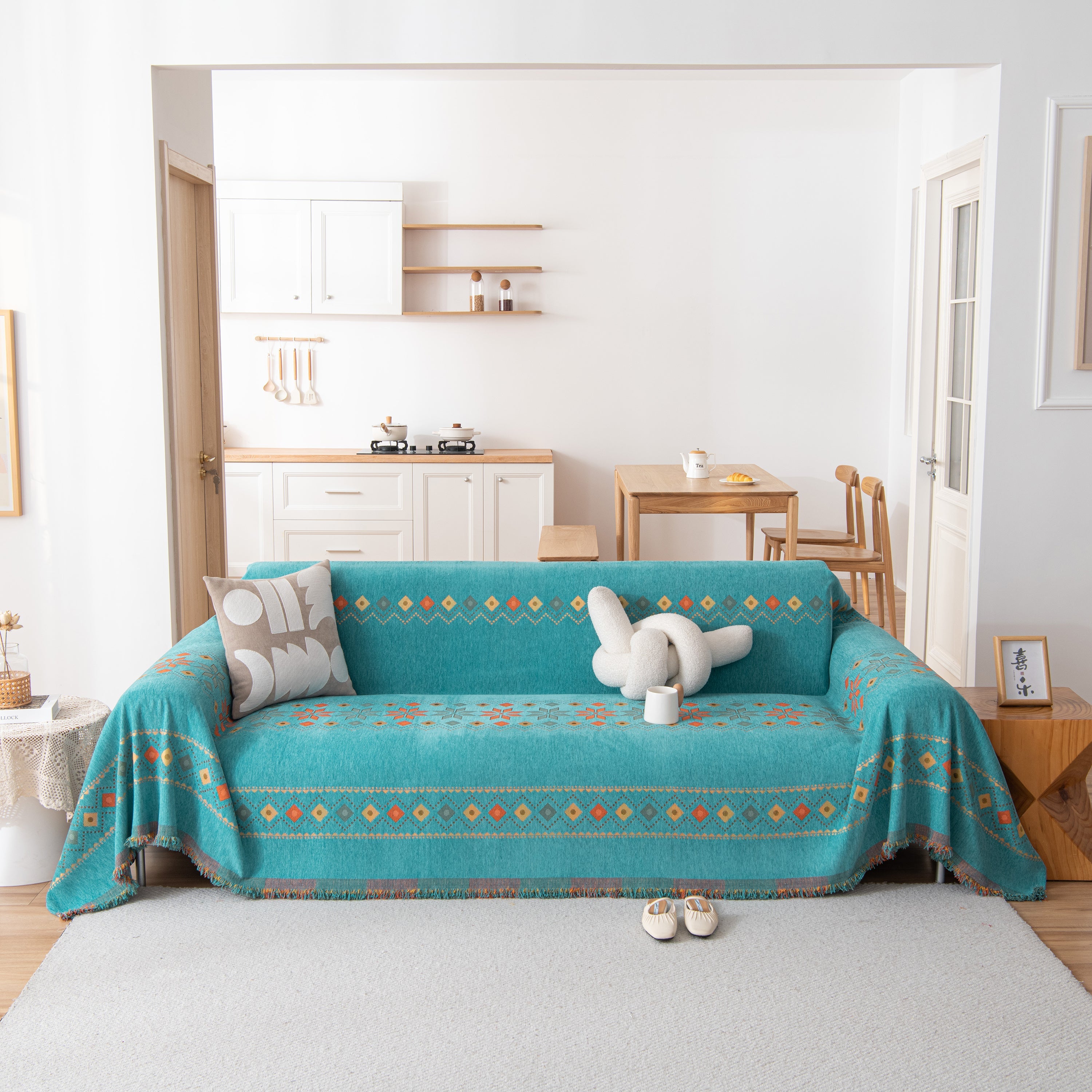 Bohemian Geometric Sofa Throw Cover, Cozy & Protective Ethnic-inspired Couch Cover