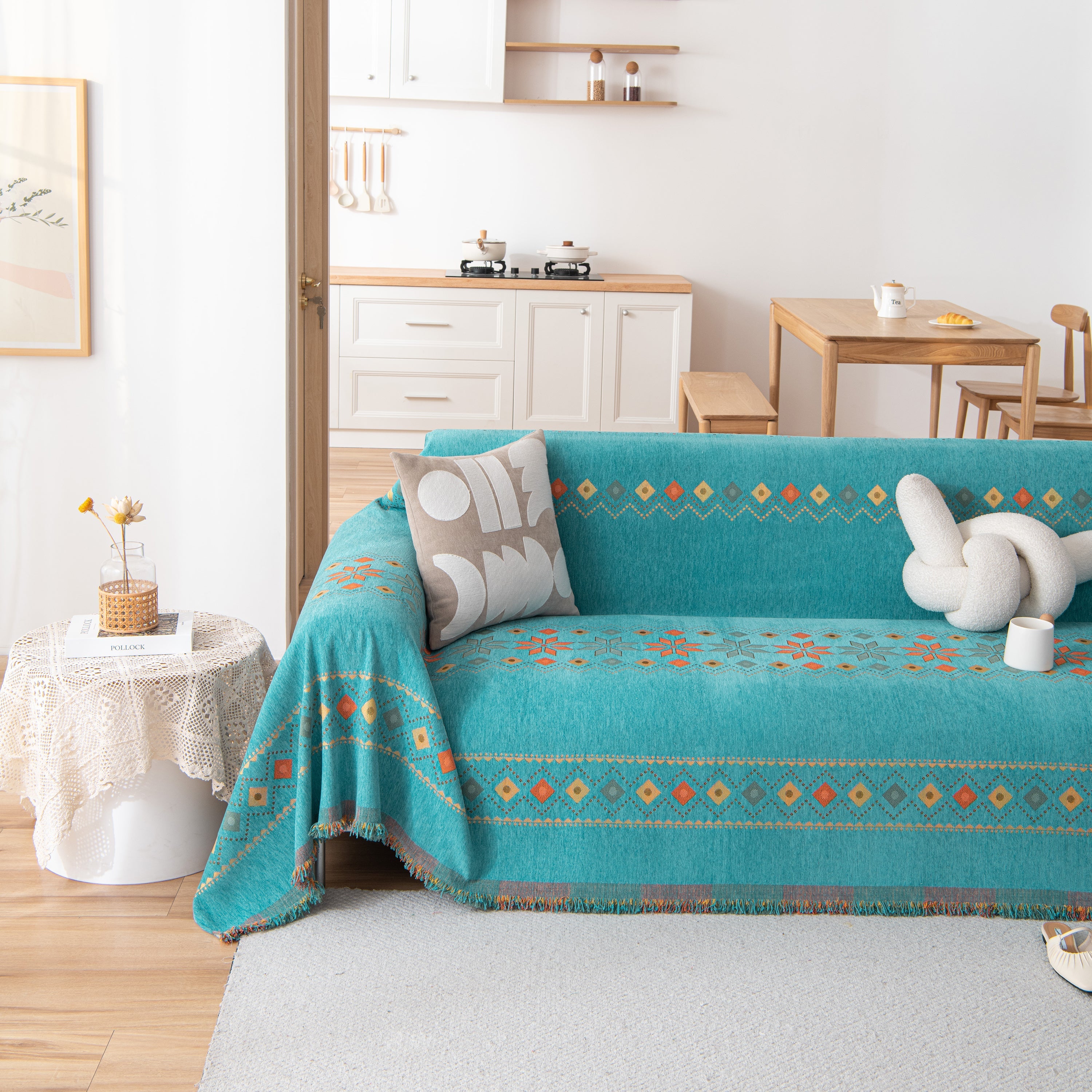 Bohemian Geometric Sofa Throw Cover, Cozy & Protective Ethnic-inspired Couch Cover