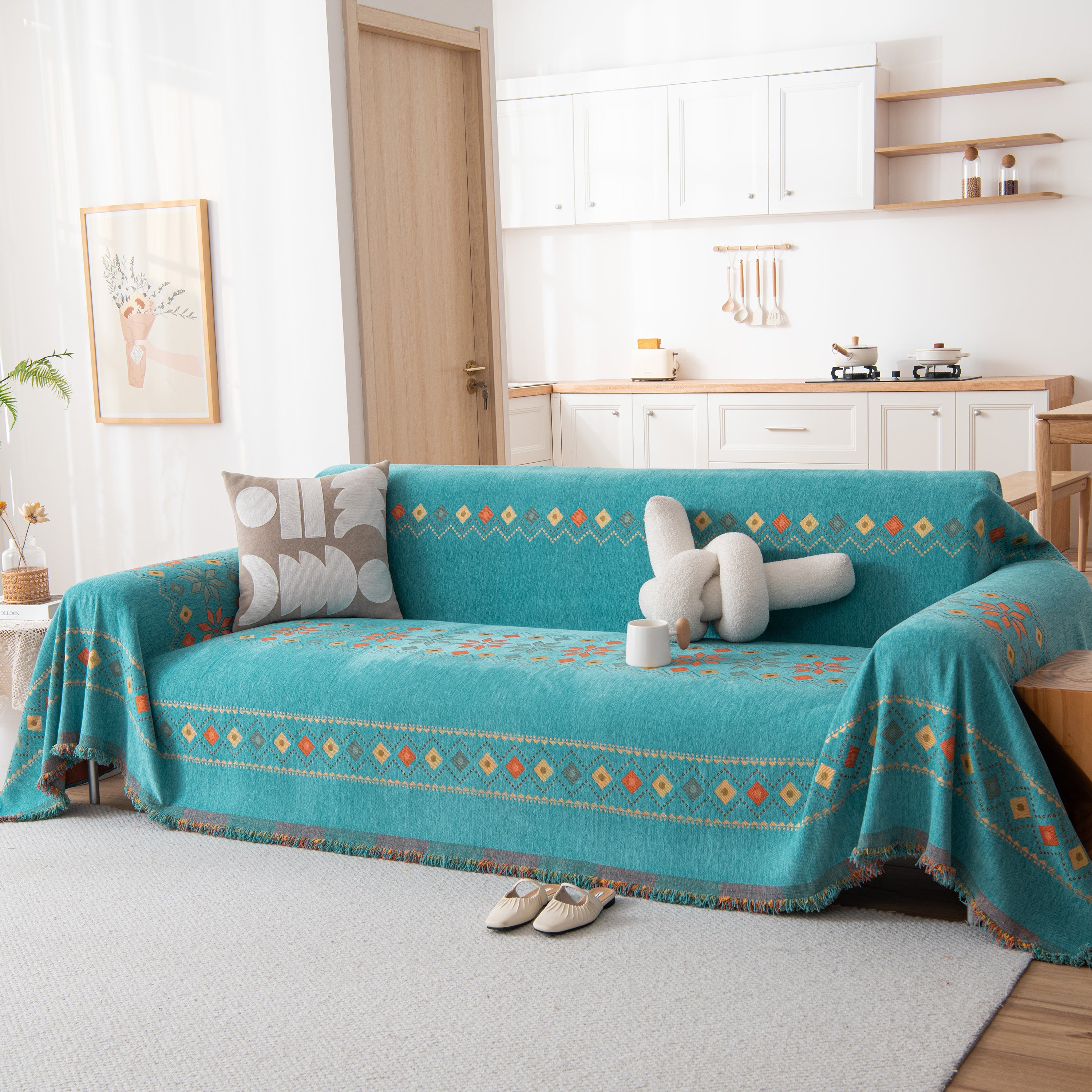 Bohemian Geometric Sofa Throw Cover, Cozy & Protective Ethnic-inspired Couch Cover