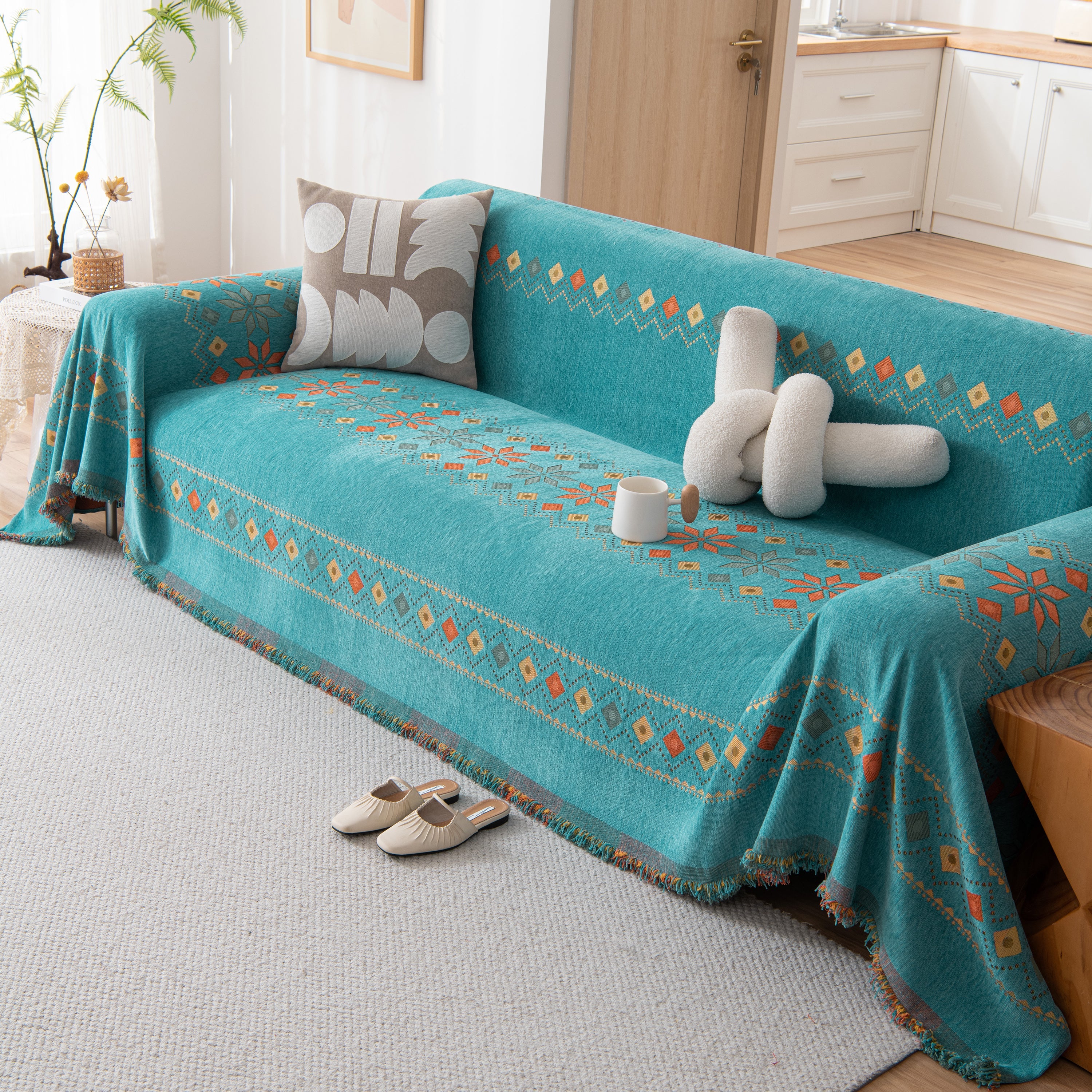 Bohemian Geometric Sofa Throw Cover, Cozy & Protective Ethnic-inspired Couch Cover