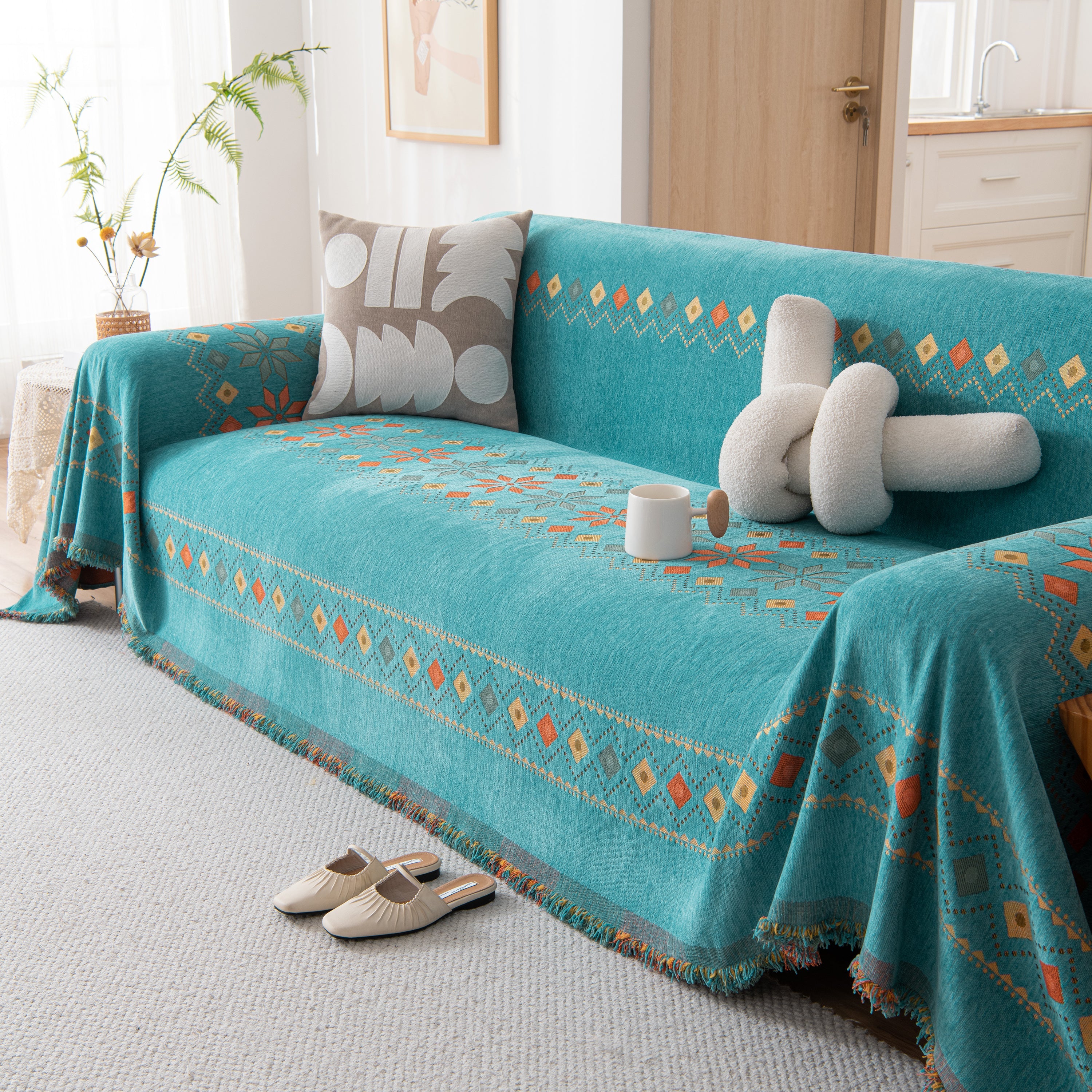 Bohemian Geometric Sofa Throw Cover, Cozy & Protective Ethnic-inspired Couch Cover