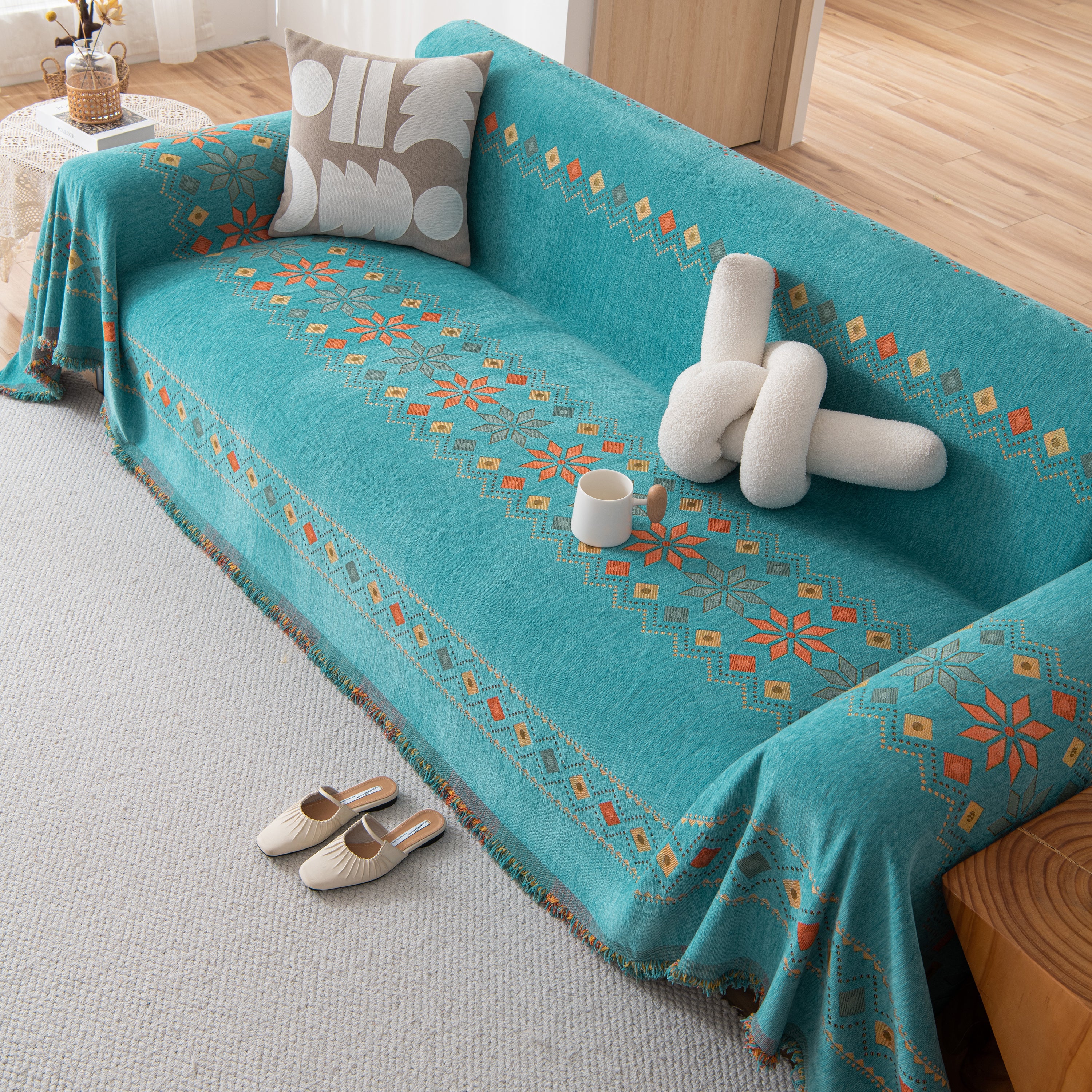Bohemian Geometric Sofa Throw Cover, Cozy & Protective Ethnic-inspired Couch Cover