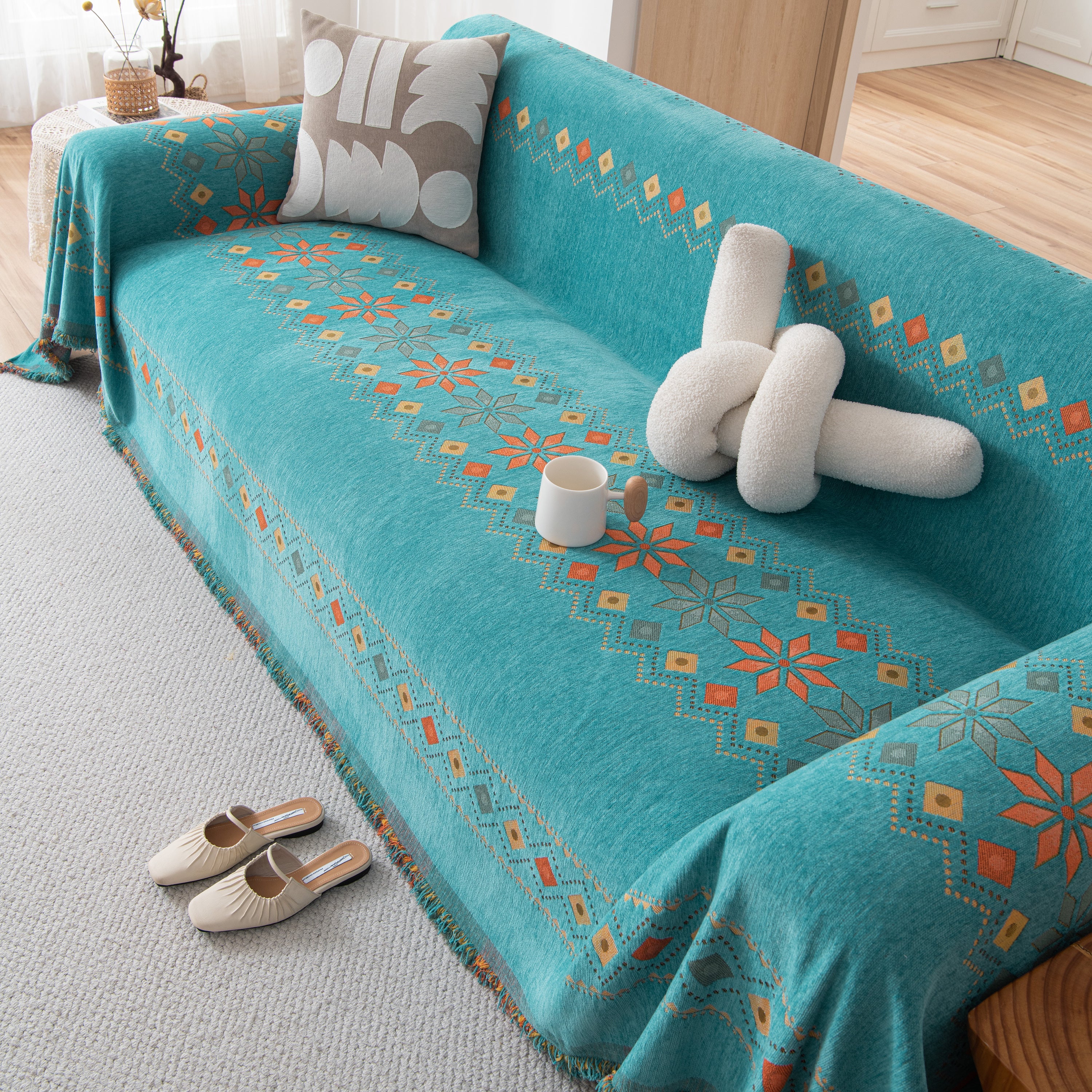 Bohemian Geometric Sofa Throw Cover, Cozy & Protective Ethnic-inspired Couch Cover