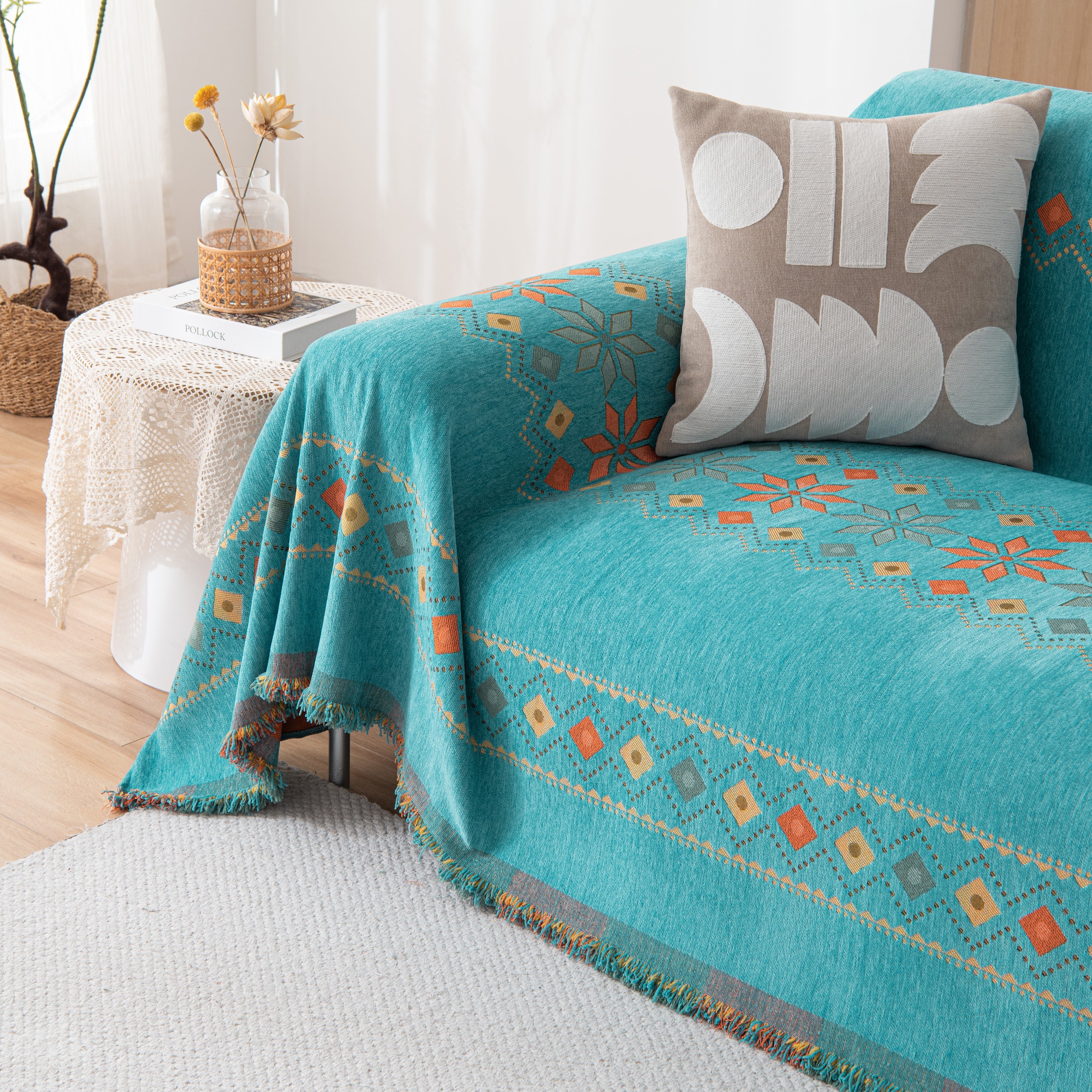 Bohemian Geometric Sofa Throw Cover, Cozy & Protective Ethnic-inspired Couch Cover