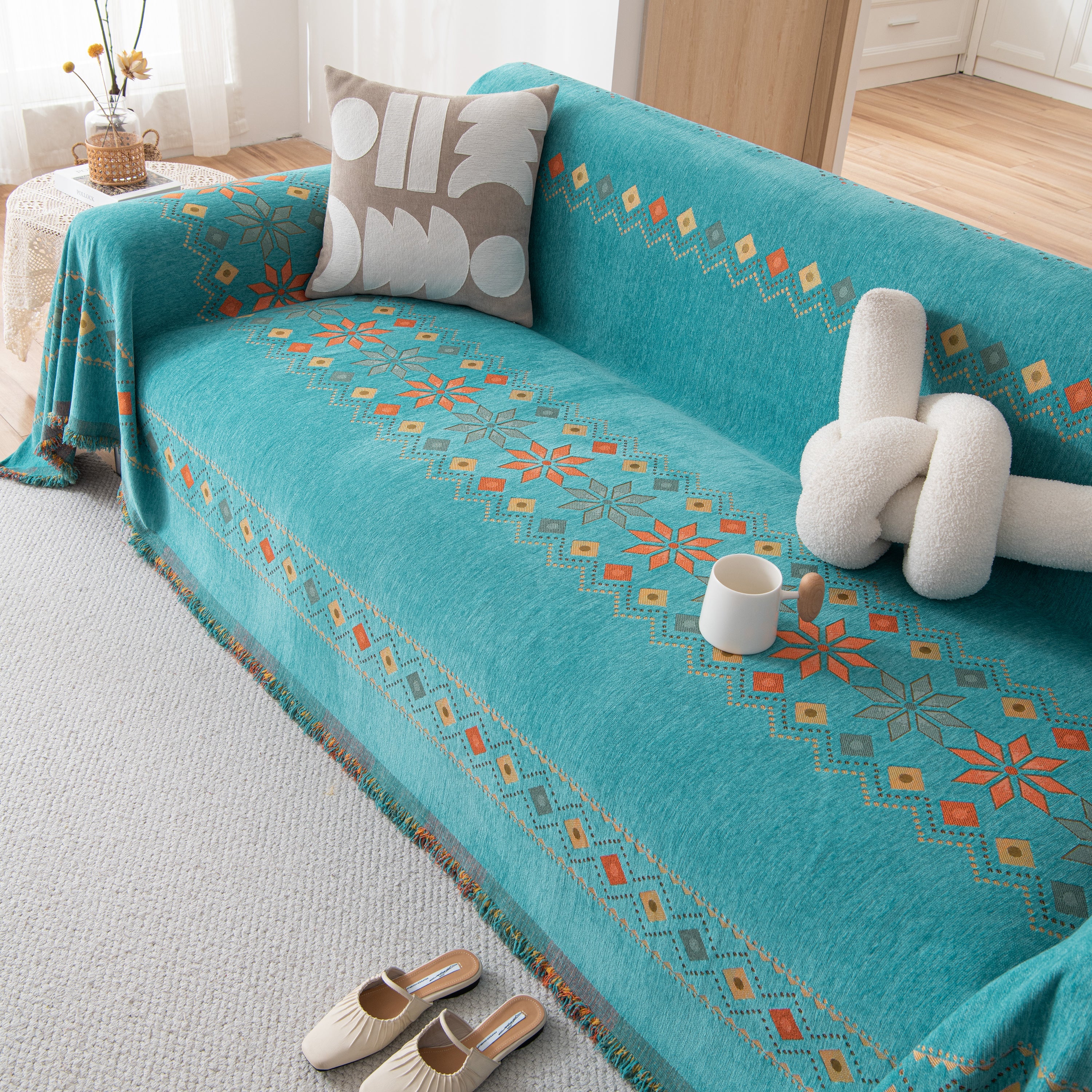 Bohemian Geometric Sofa Throw Cover, Cozy & Protective Ethnic-inspired Couch Cover