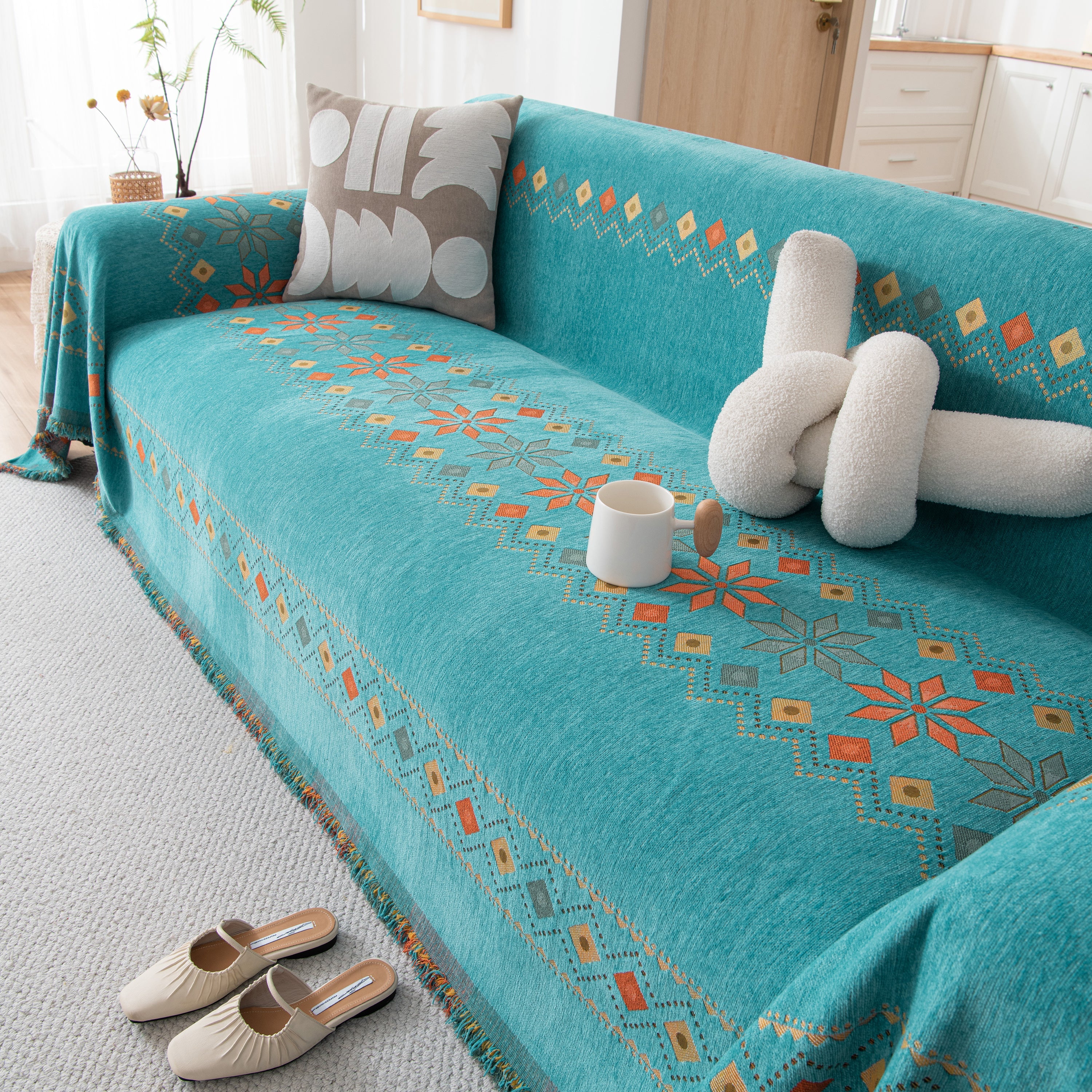 Bohemian Geometric Sofa Throw Cover, Cozy & Protective Ethnic-inspired Couch Cover