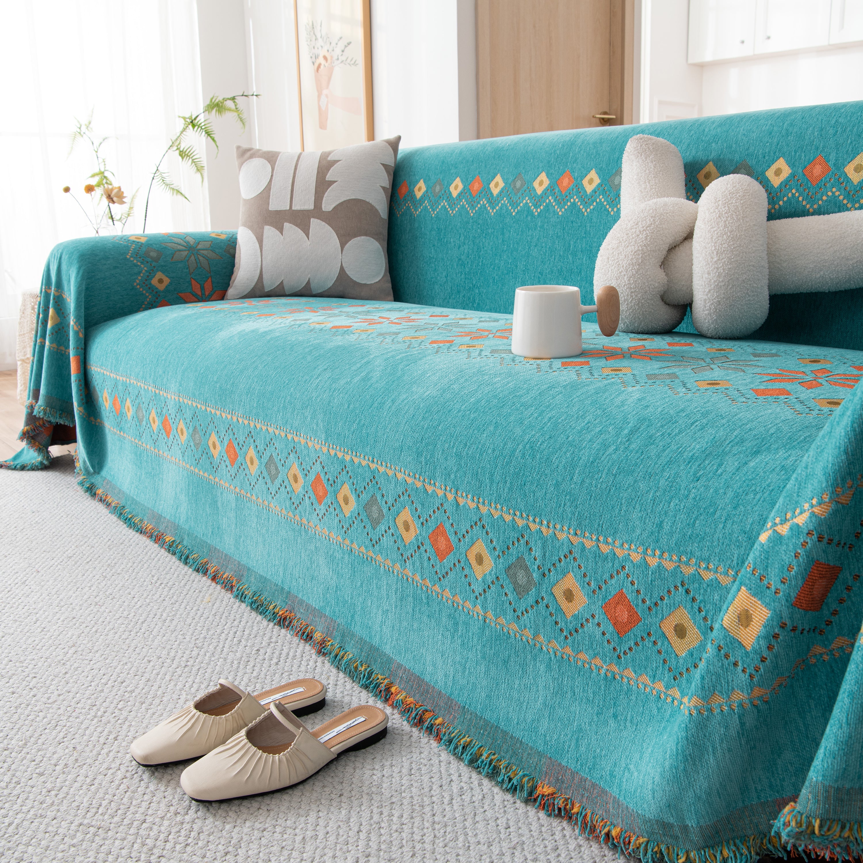 Bohemian Geometric Sofa Throw Cover, Cozy & Protective Ethnic-inspired Couch Cover