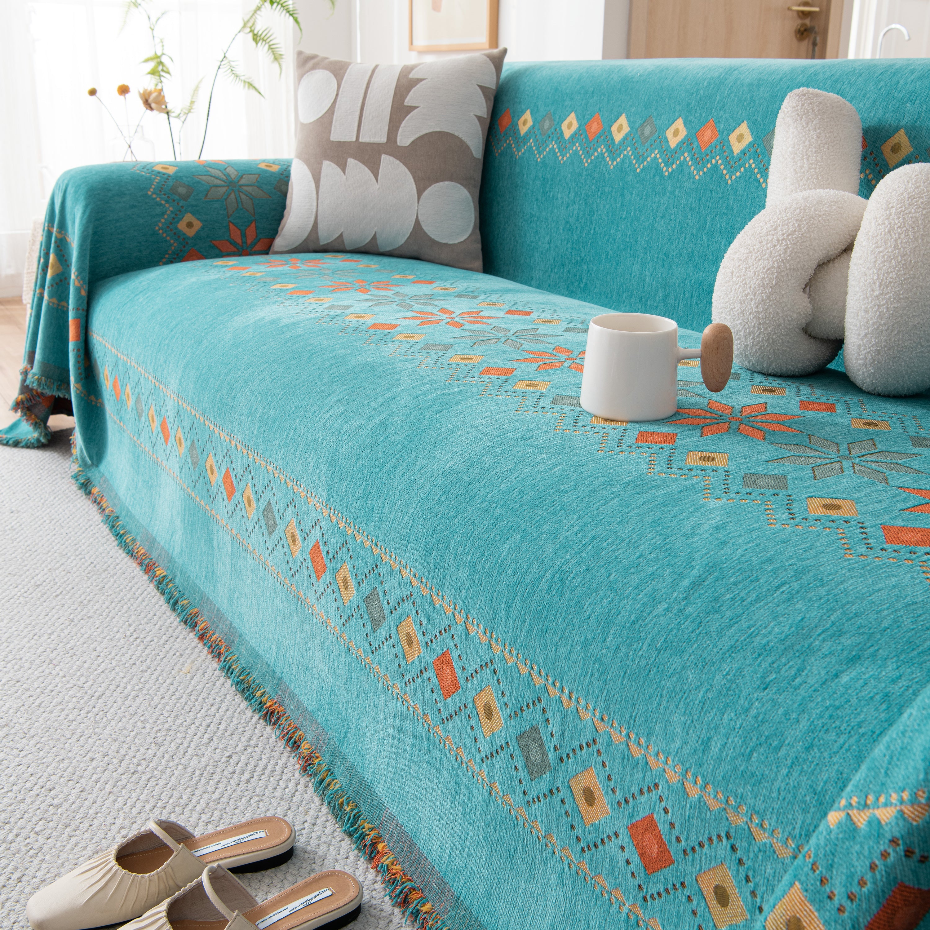 Bohemian Geometric Sofa Throw Cover, Cozy & Protective Ethnic-inspired Couch Cover