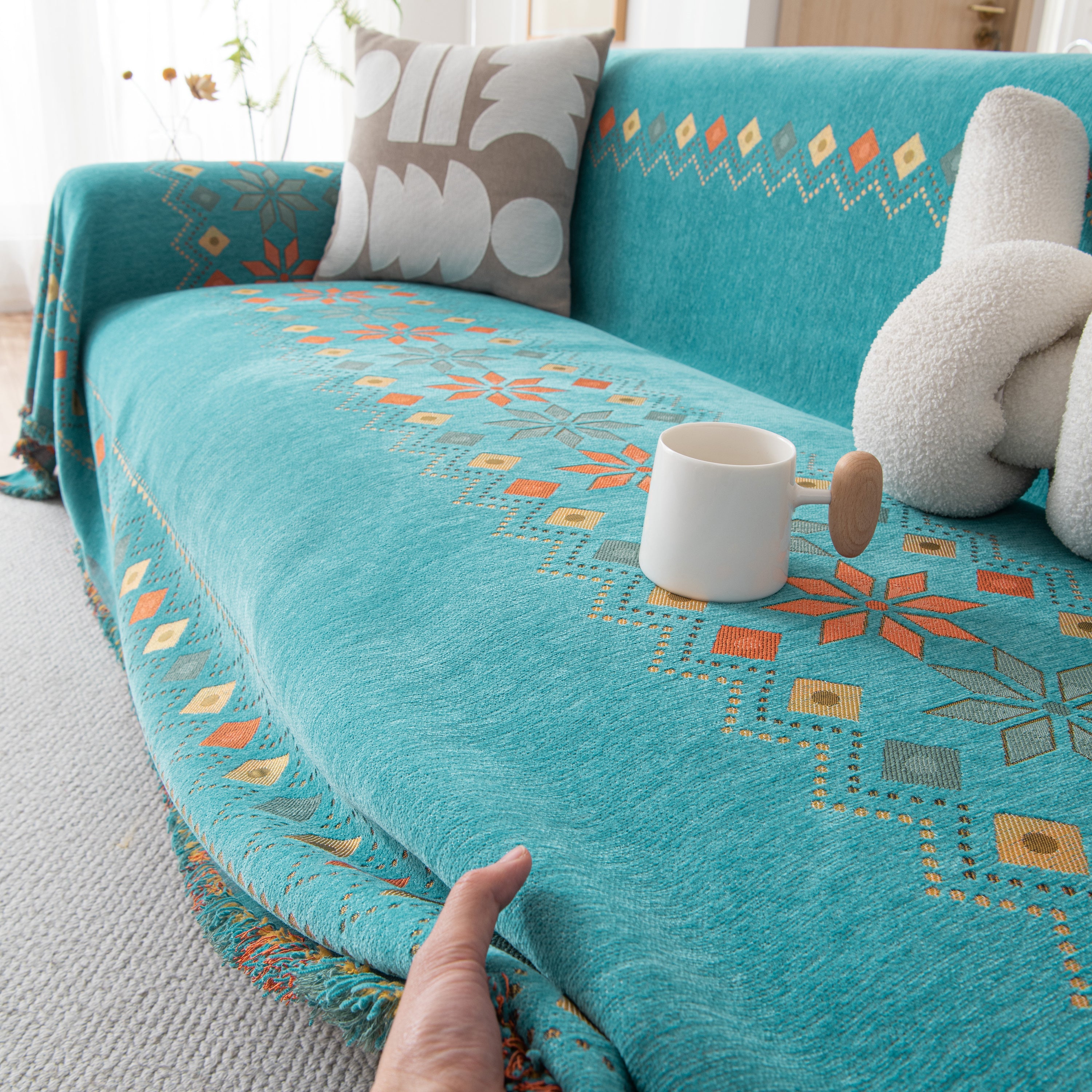 Bohemian Geometric Sofa Throw Cover, Cozy & Protective Ethnic-inspired Couch Cover