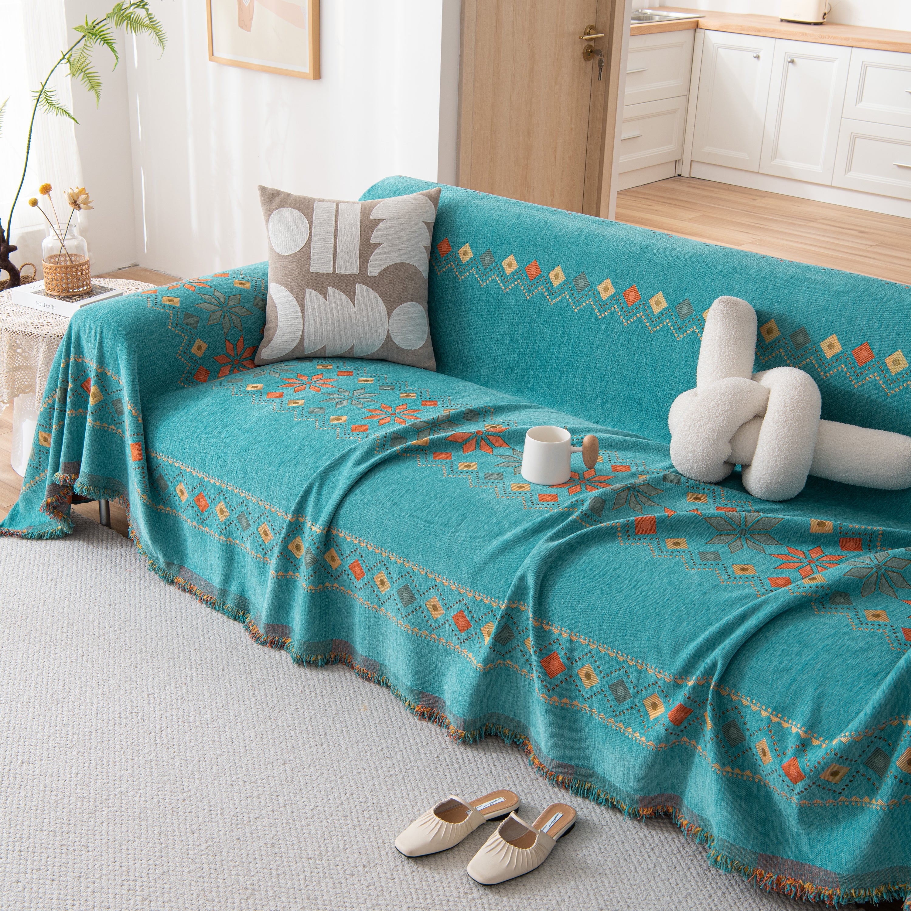 Bohemian Geometric Sofa Throw Cover, Cozy & Protective Ethnic-inspired Couch Cover
