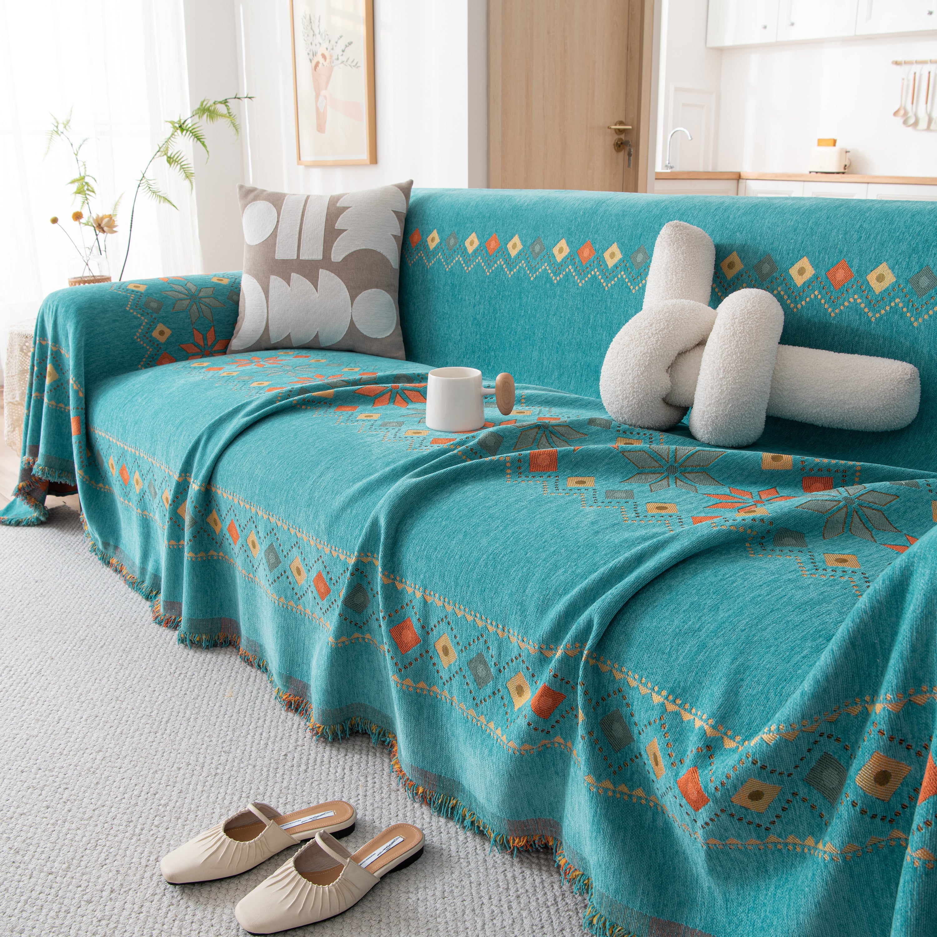 Bohemian Geometric Sofa Throw Cover, Cozy & Protective Ethnic-inspired Couch Cover