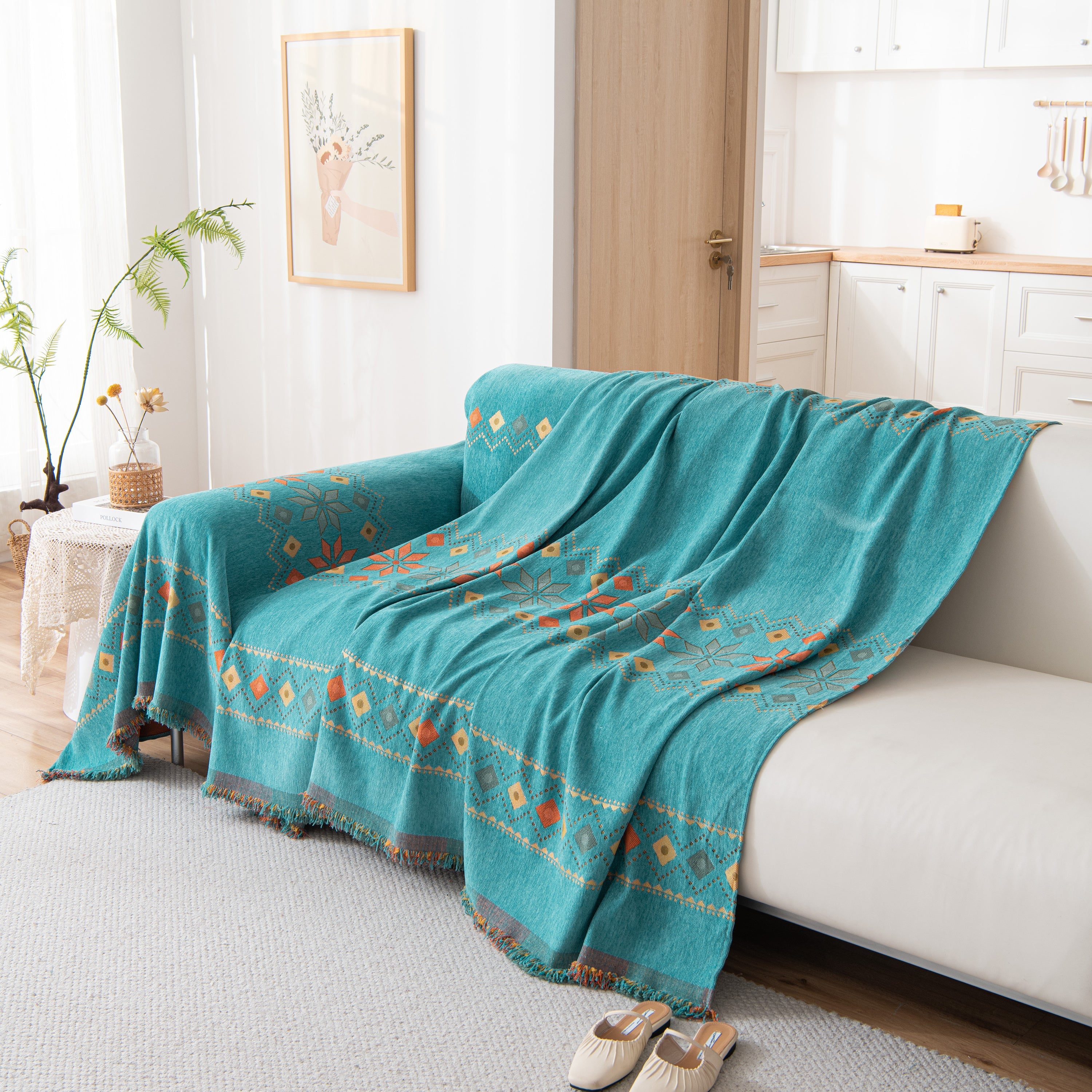Bohemian Geometric Sofa Throw Cover, Cozy & Protective Ethnic-inspired Couch Cover