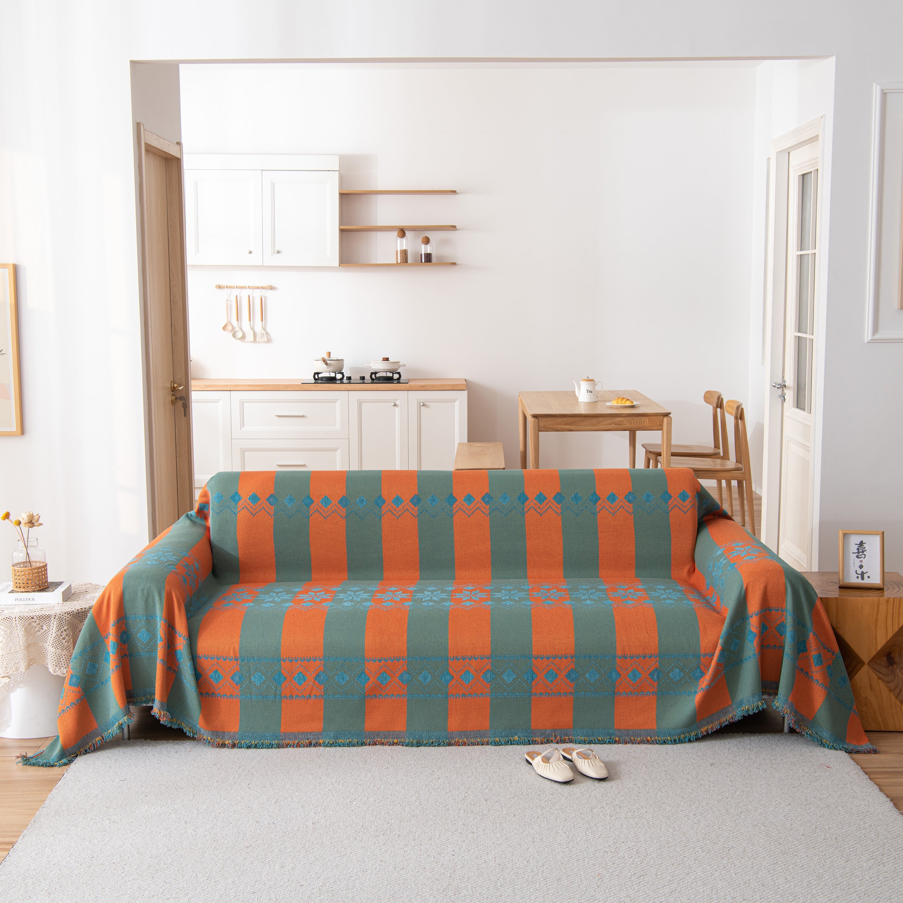 Bohemian Geometric Sofa Throw Cover, Cozy & Protective Ethnic-inspired Couch Cover