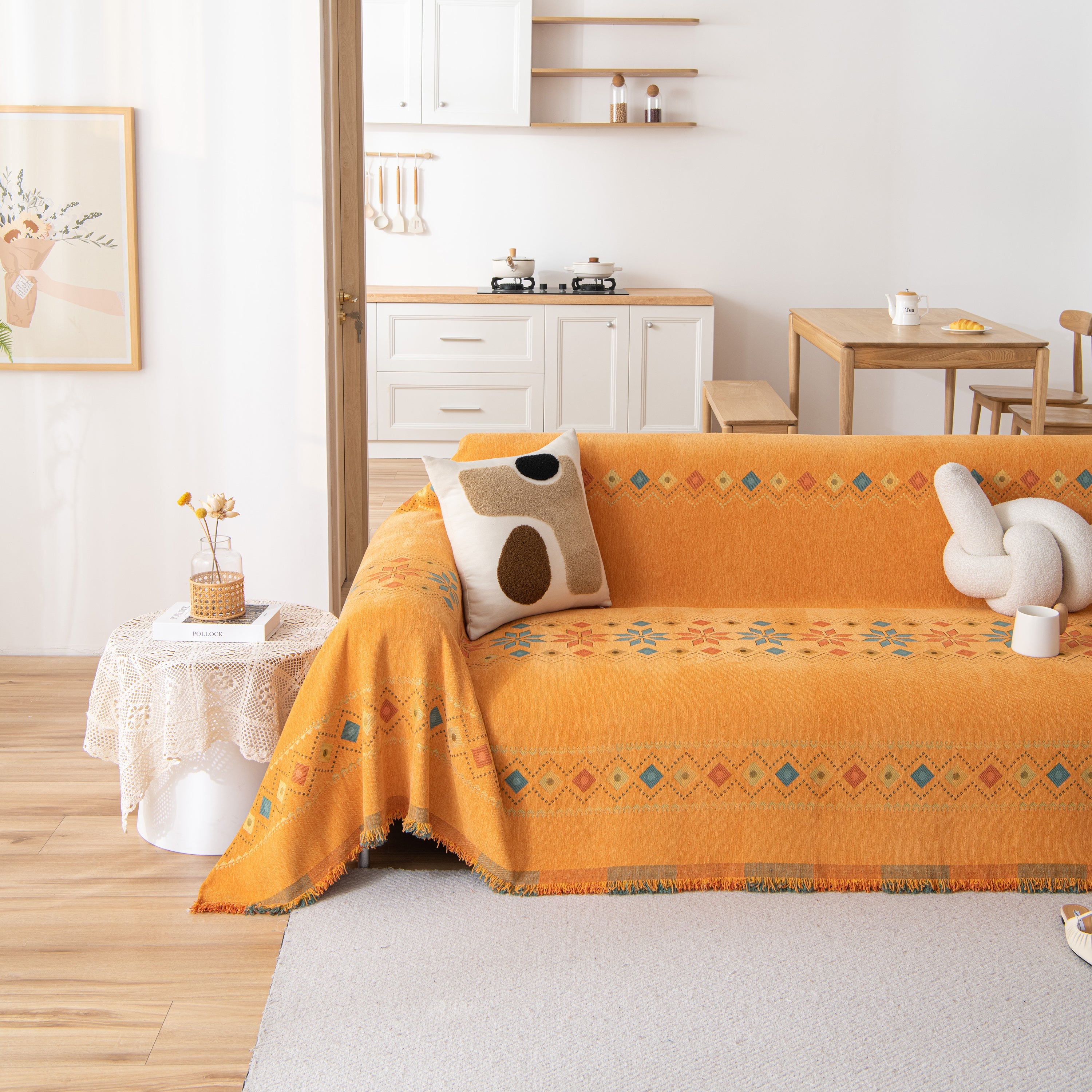 Bohemian Geometric Sofa Throw Cover, Cozy & Protective Ethnic-inspired Couch Cover
