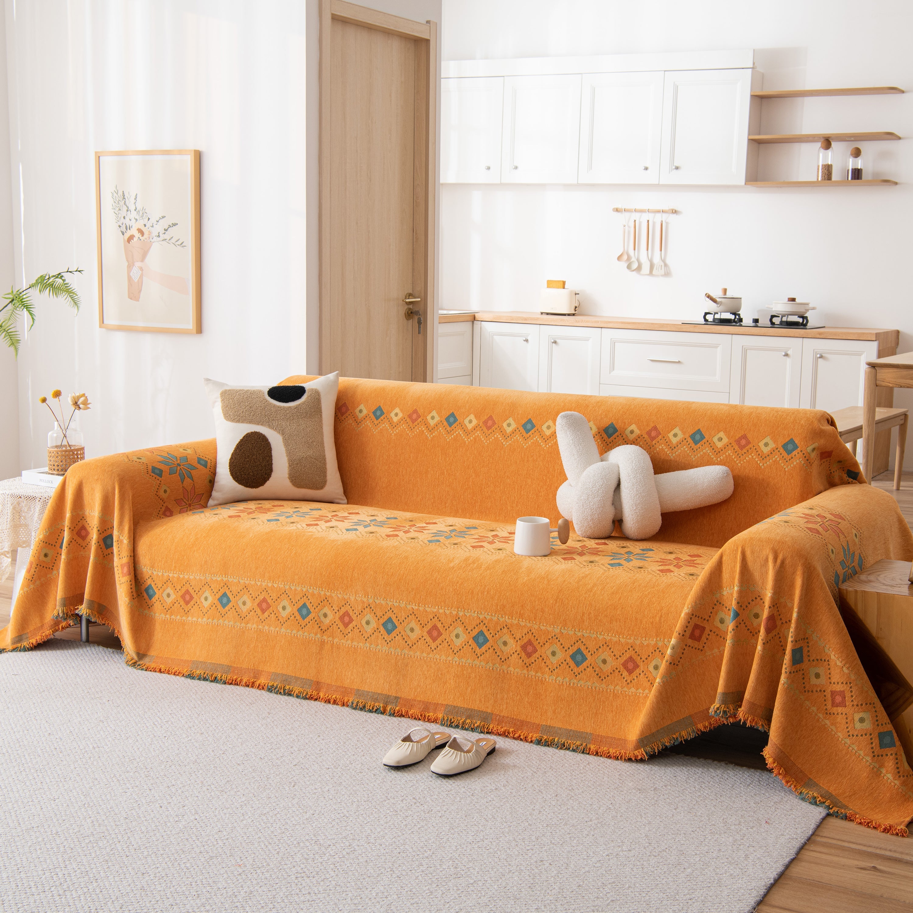 Bohemian Geometric Sofa Throw Cover, Cozy & Protective Ethnic-inspired Couch Cover