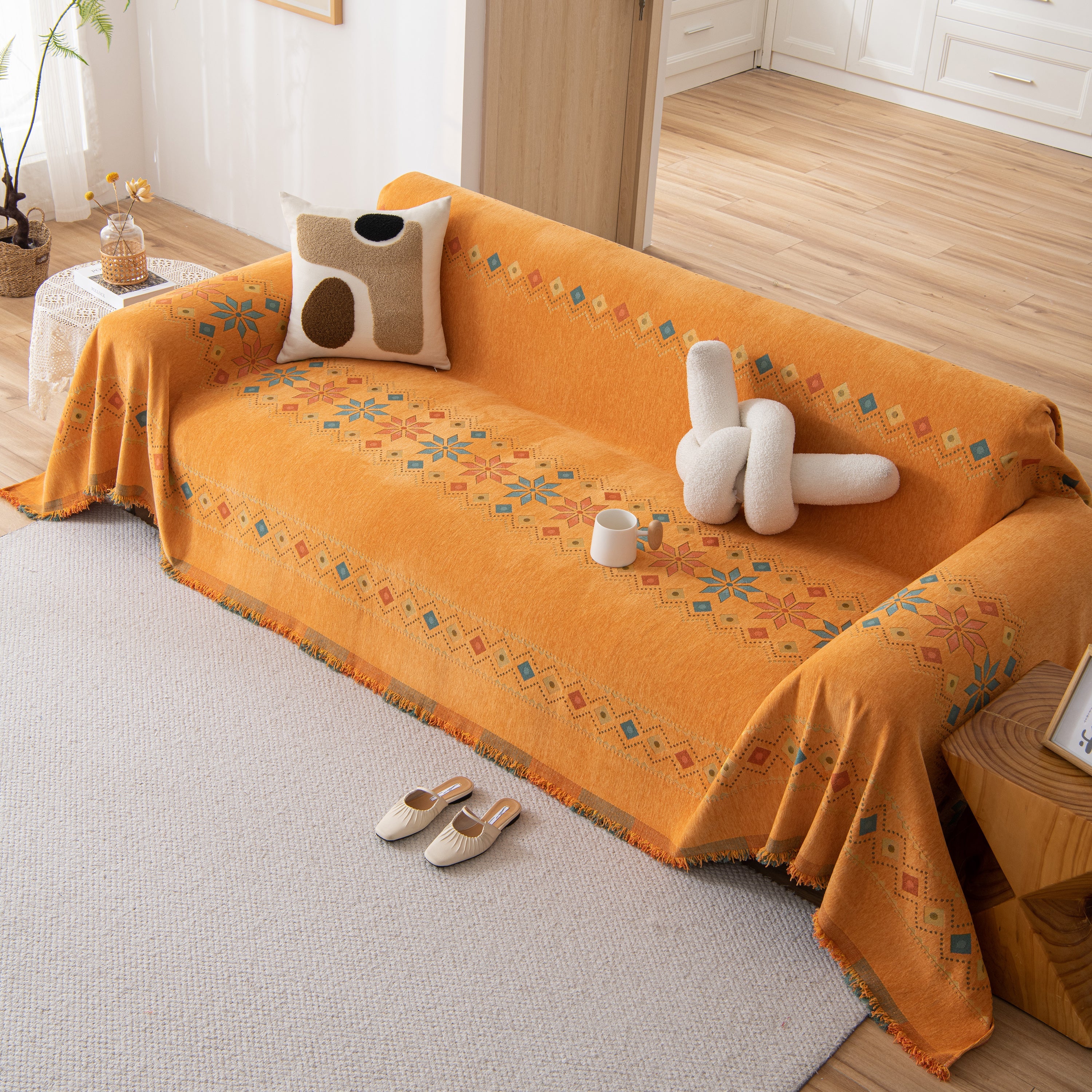 Bohemian Geometric Sofa Throw Cover, Cozy & Protective Ethnic-inspired Couch Cover