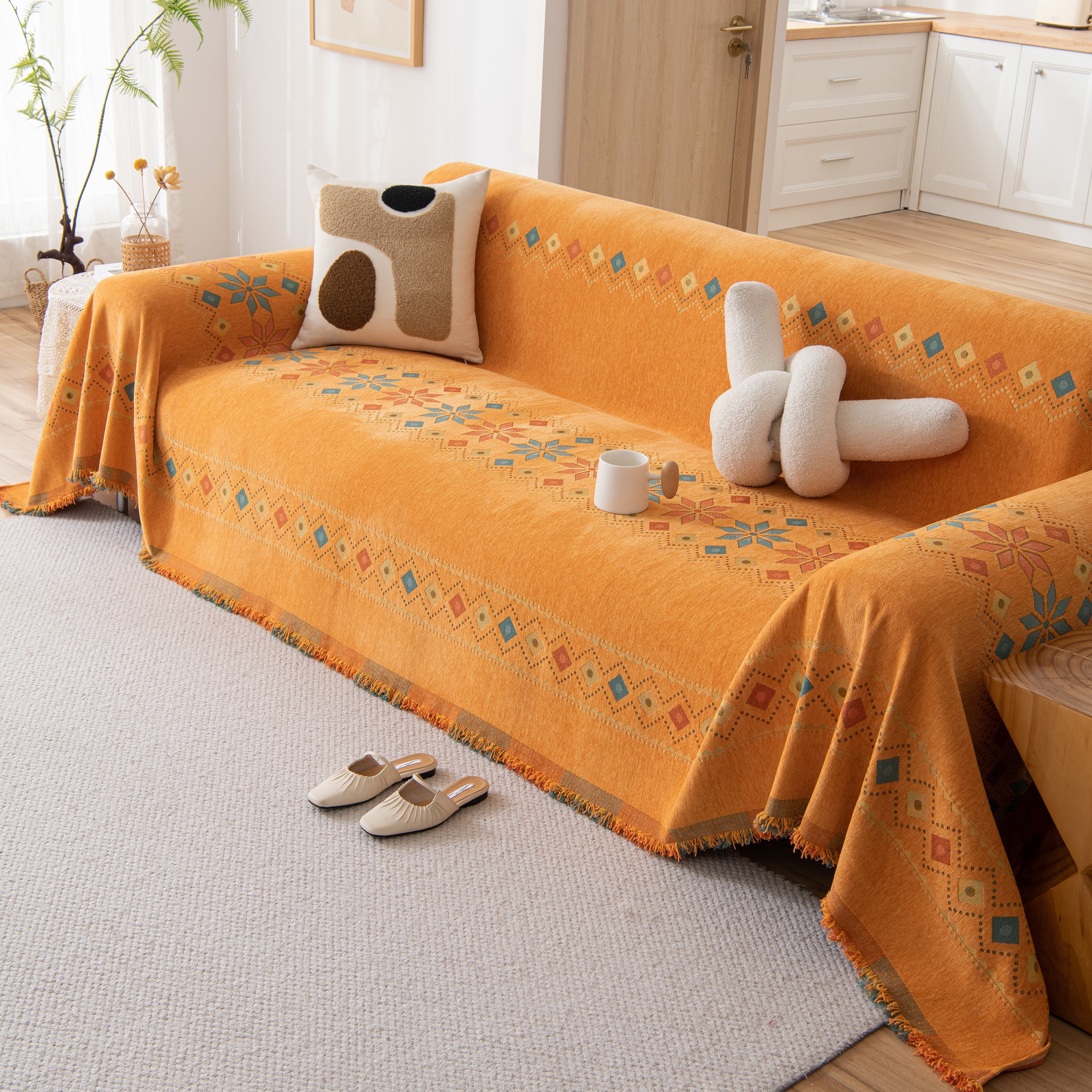 Bohemian Geometric Sofa Throw Cover, Cozy & Protective Ethnic-inspired Couch Cover