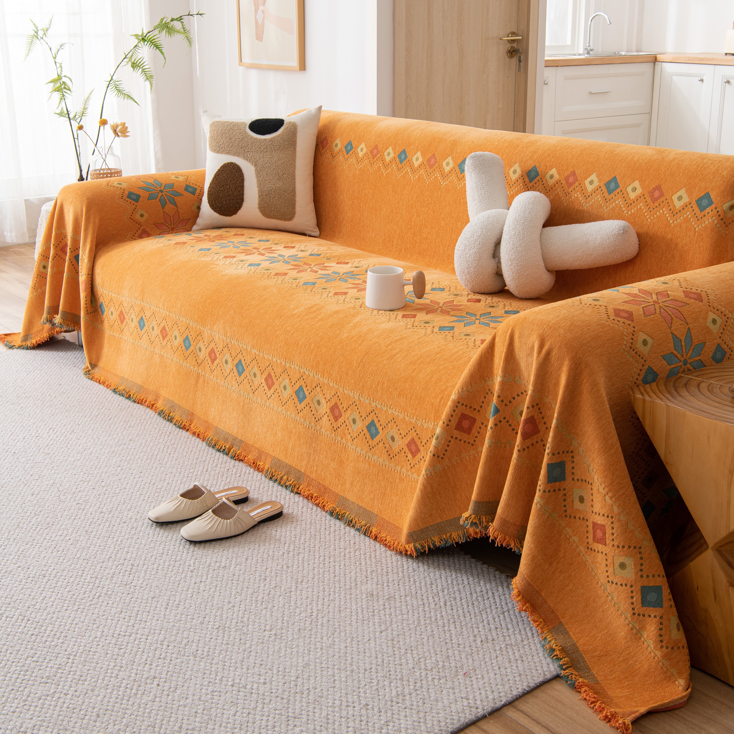 Bohemian Geometric Sofa Throw Cover, Cozy & Protective Ethnic-inspired Couch Cover