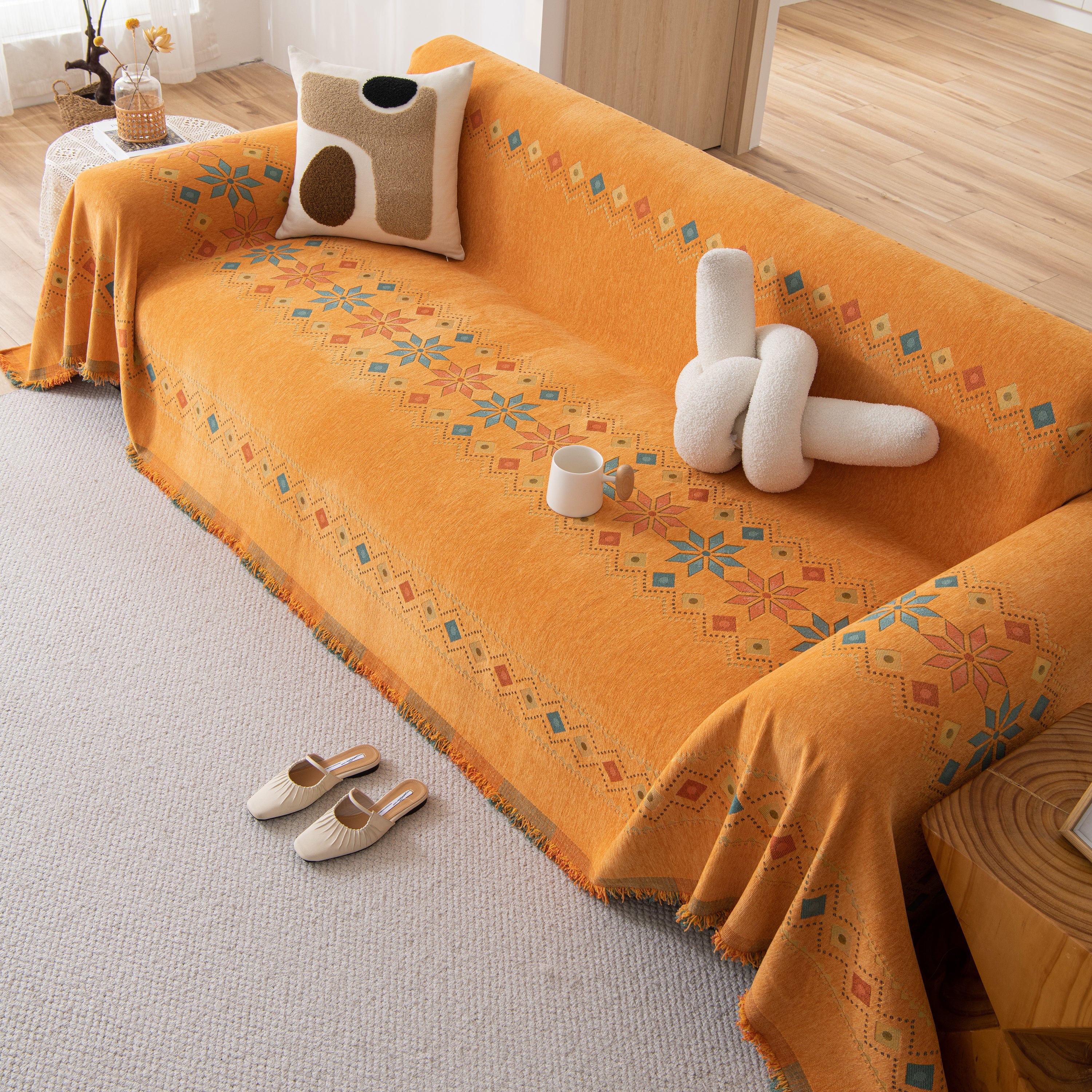 Bohemian Geometric Sofa Throw Cover, Cozy & Protective Ethnic-inspired Couch Cover