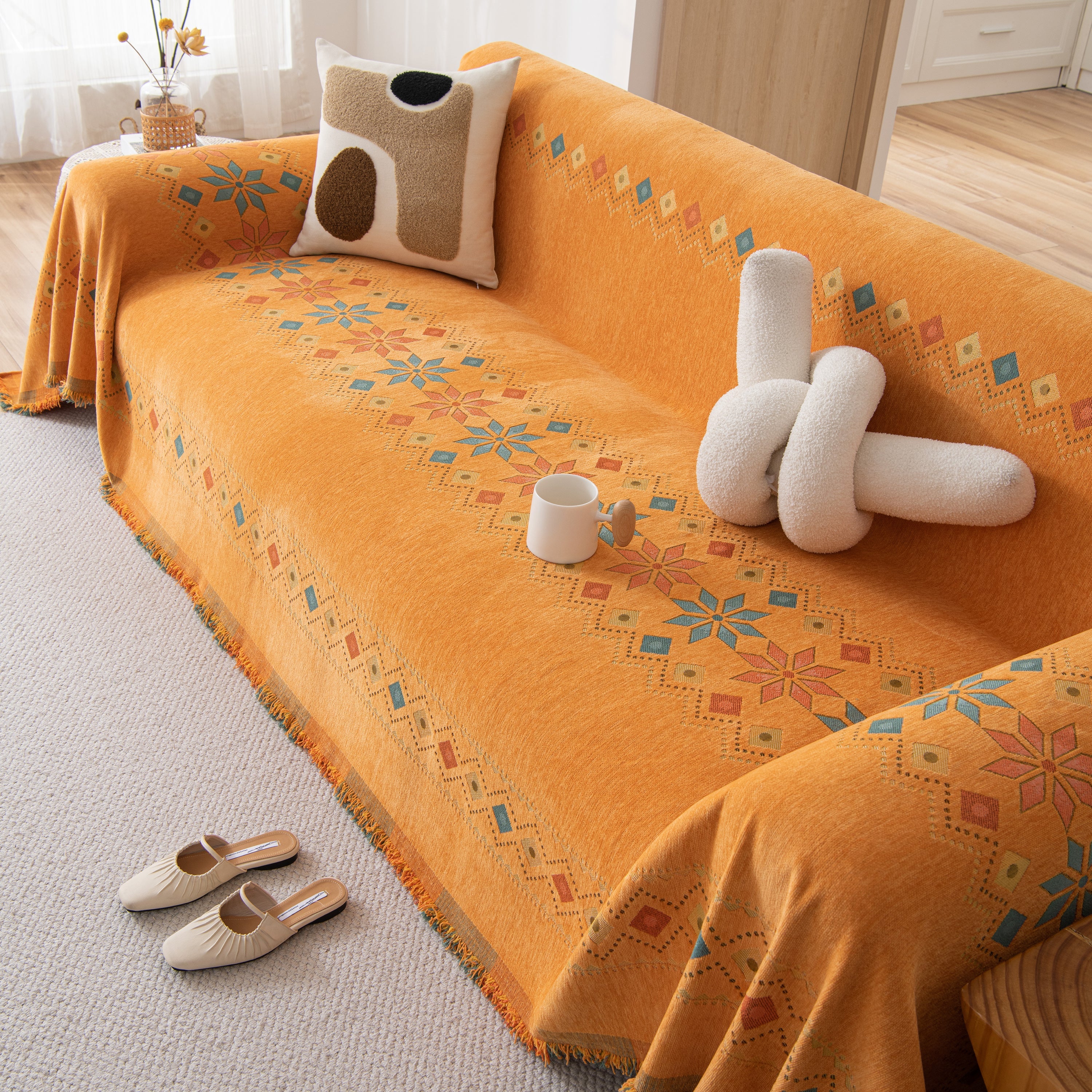Bohemian Geometric Sofa Throw Cover, Cozy & Protective Ethnic-inspired Couch Cover