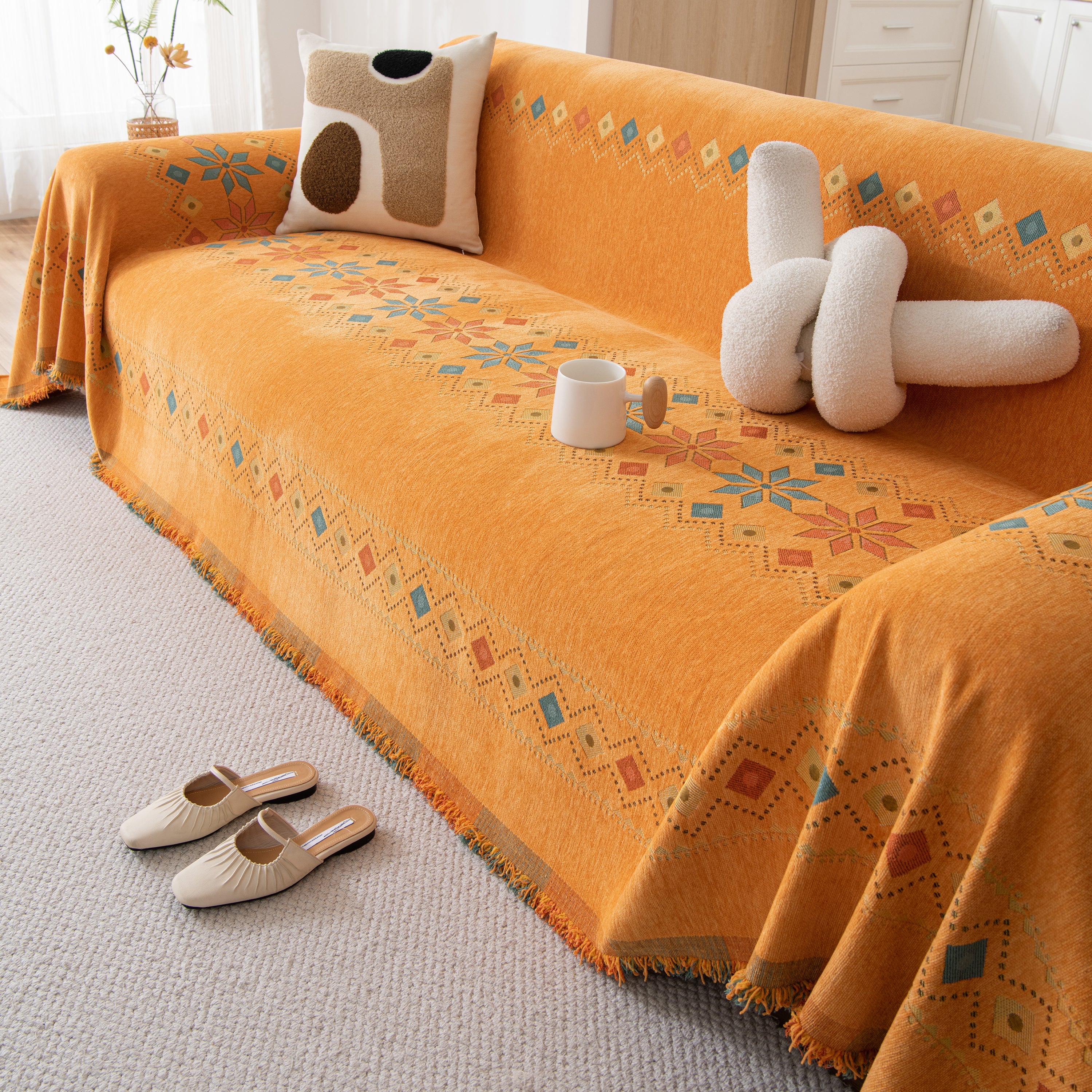 Bohemian Geometric Sofa Throw Cover, Cozy & Protective Ethnic-inspired Couch Cover