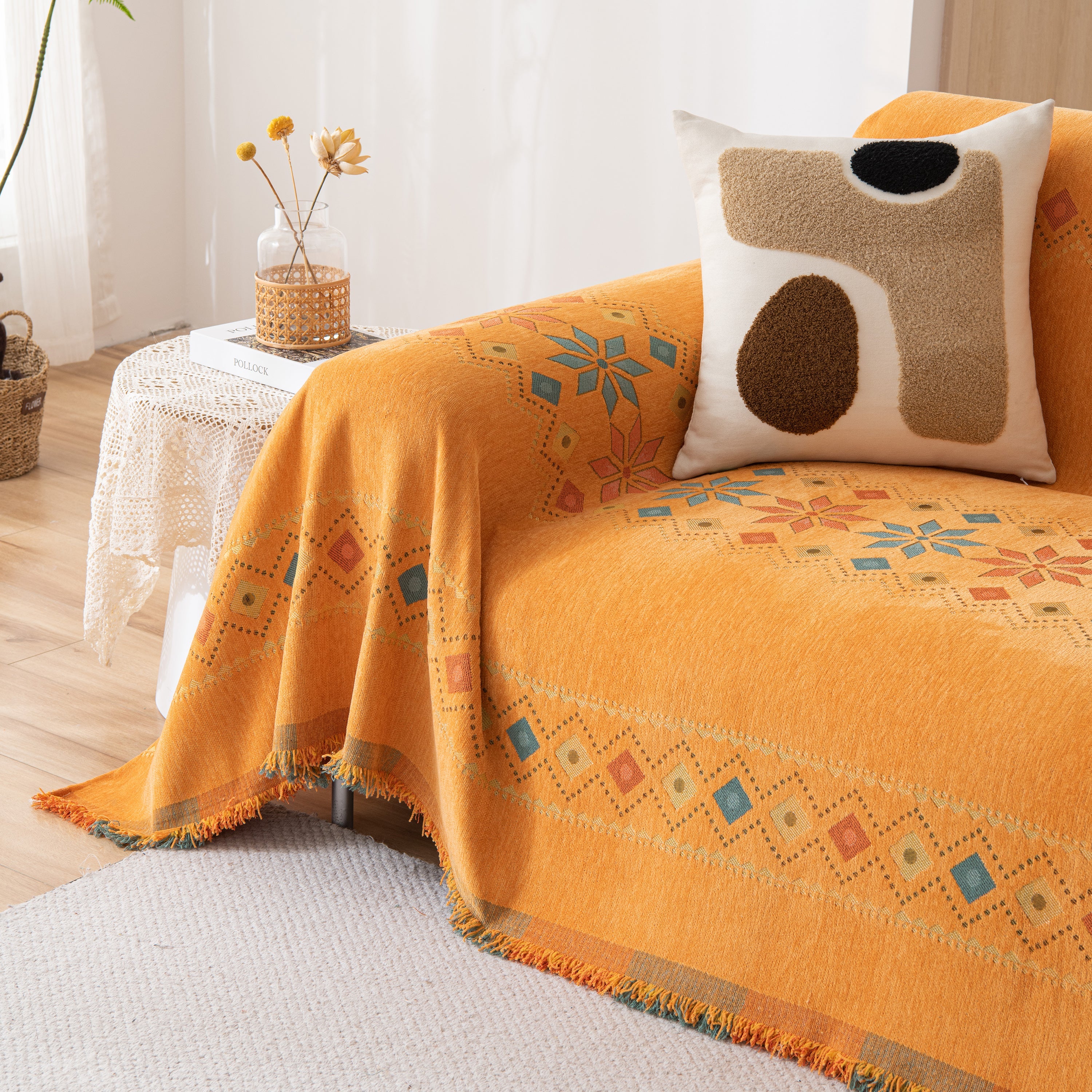 Bohemian Geometric Sofa Throw Cover, Cozy & Protective Ethnic-inspired Couch Cover