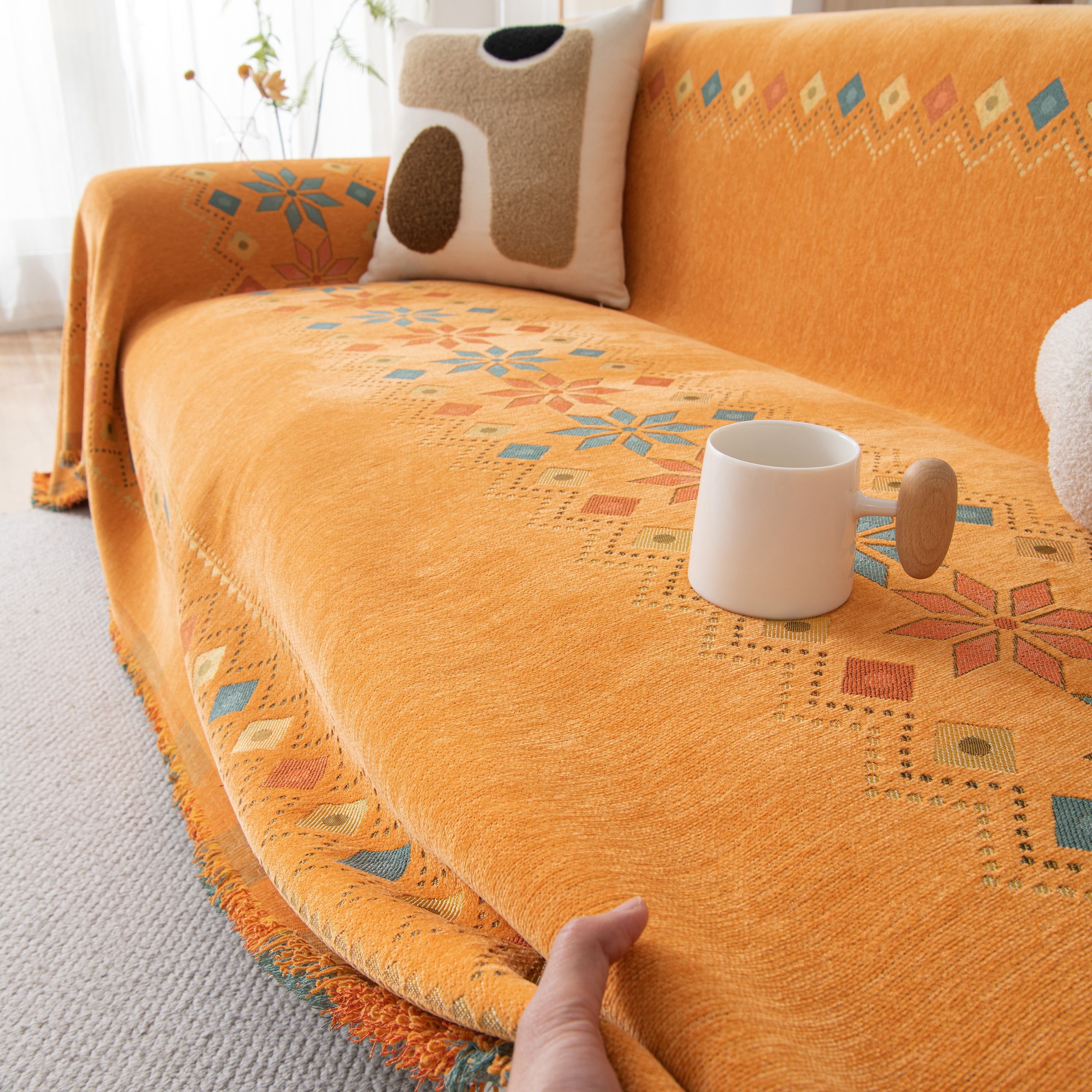 Bohemian Geometric Sofa Throw Cover, Cozy & Protective Ethnic-inspired Couch Cover