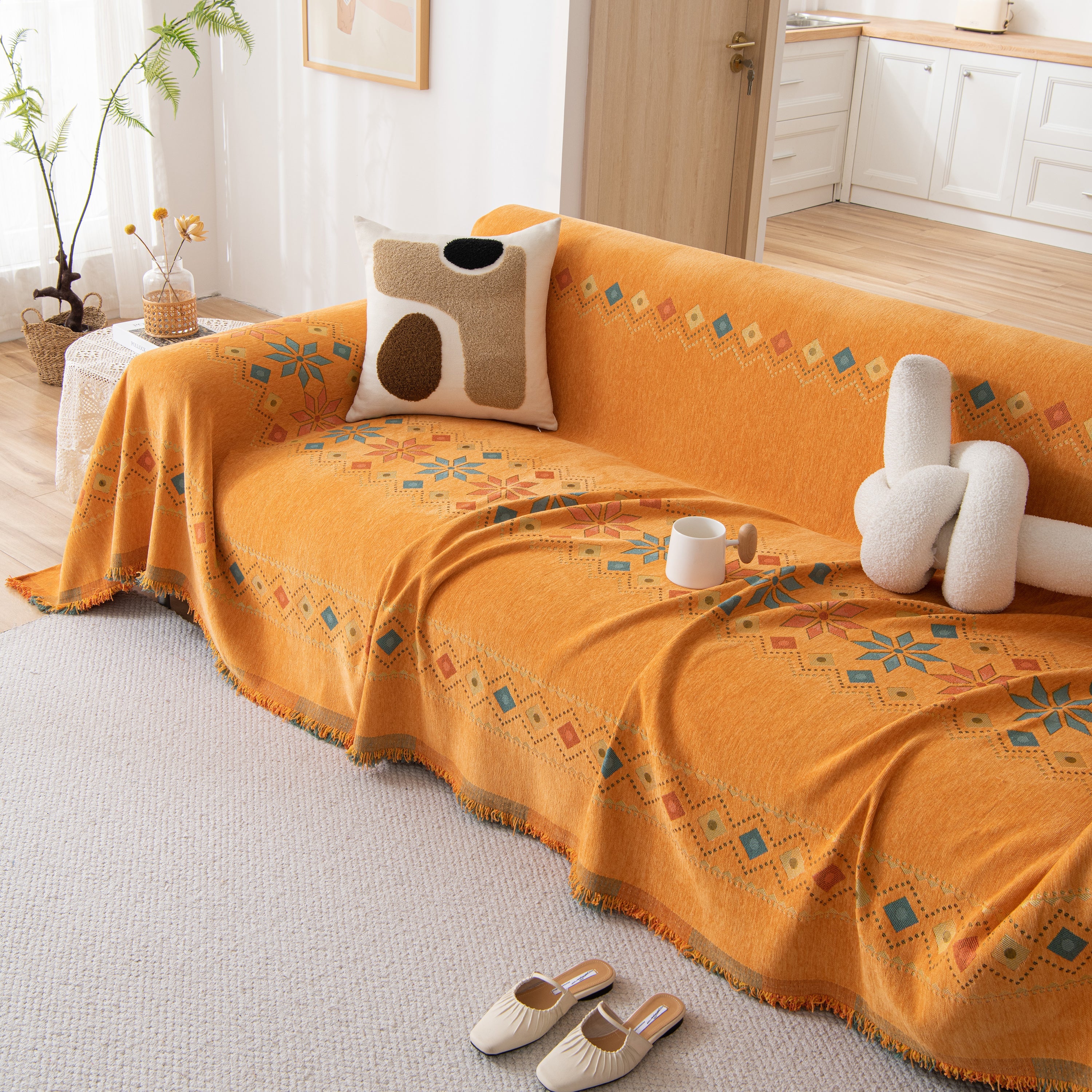 Bohemian Geometric Sofa Throw Cover, Cozy & Protective Ethnic-inspired Couch Cover