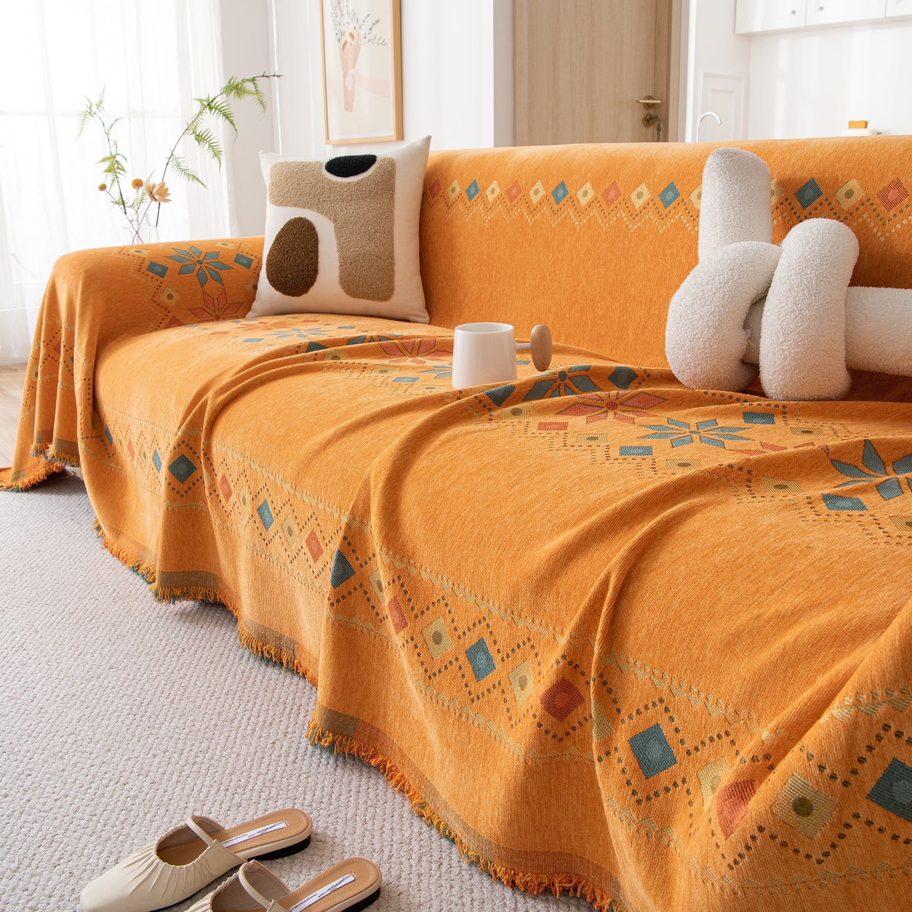 Bohemian Geometric Sofa Throw Cover, Cozy & Protective Ethnic-inspired Couch Cover