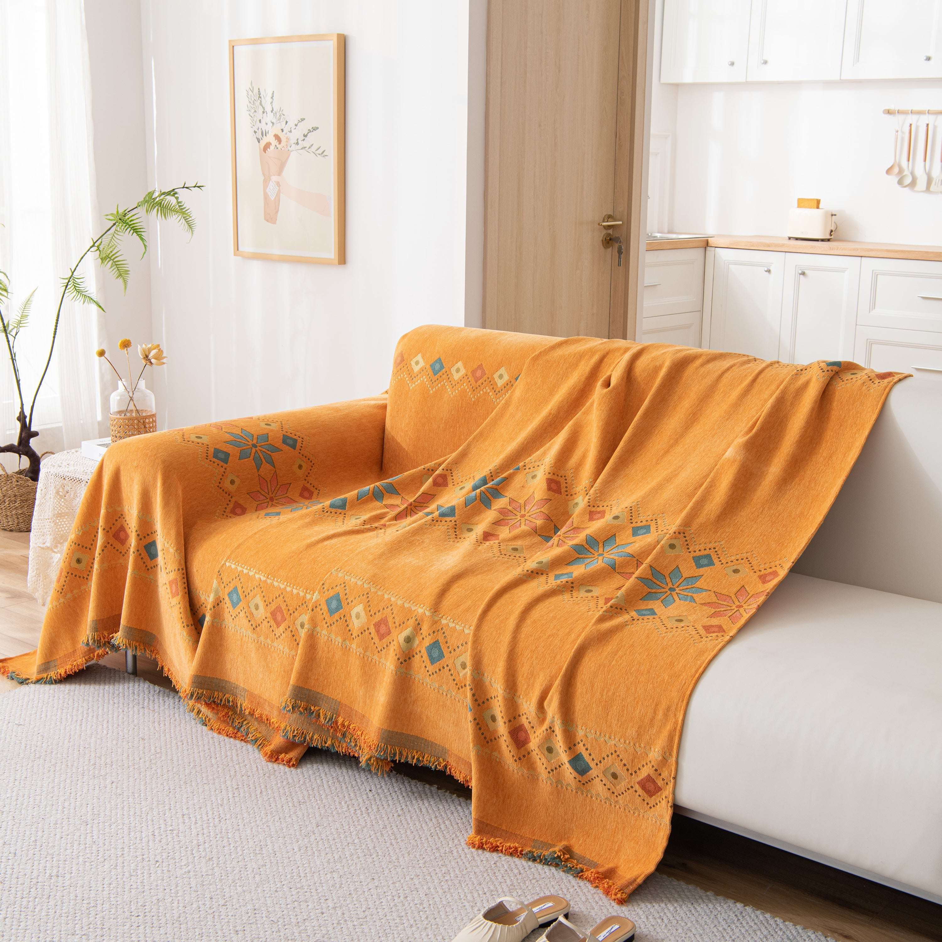 Bohemian Geometric Sofa Throw Cover, Cozy & Protective Ethnic-inspired Couch Cover