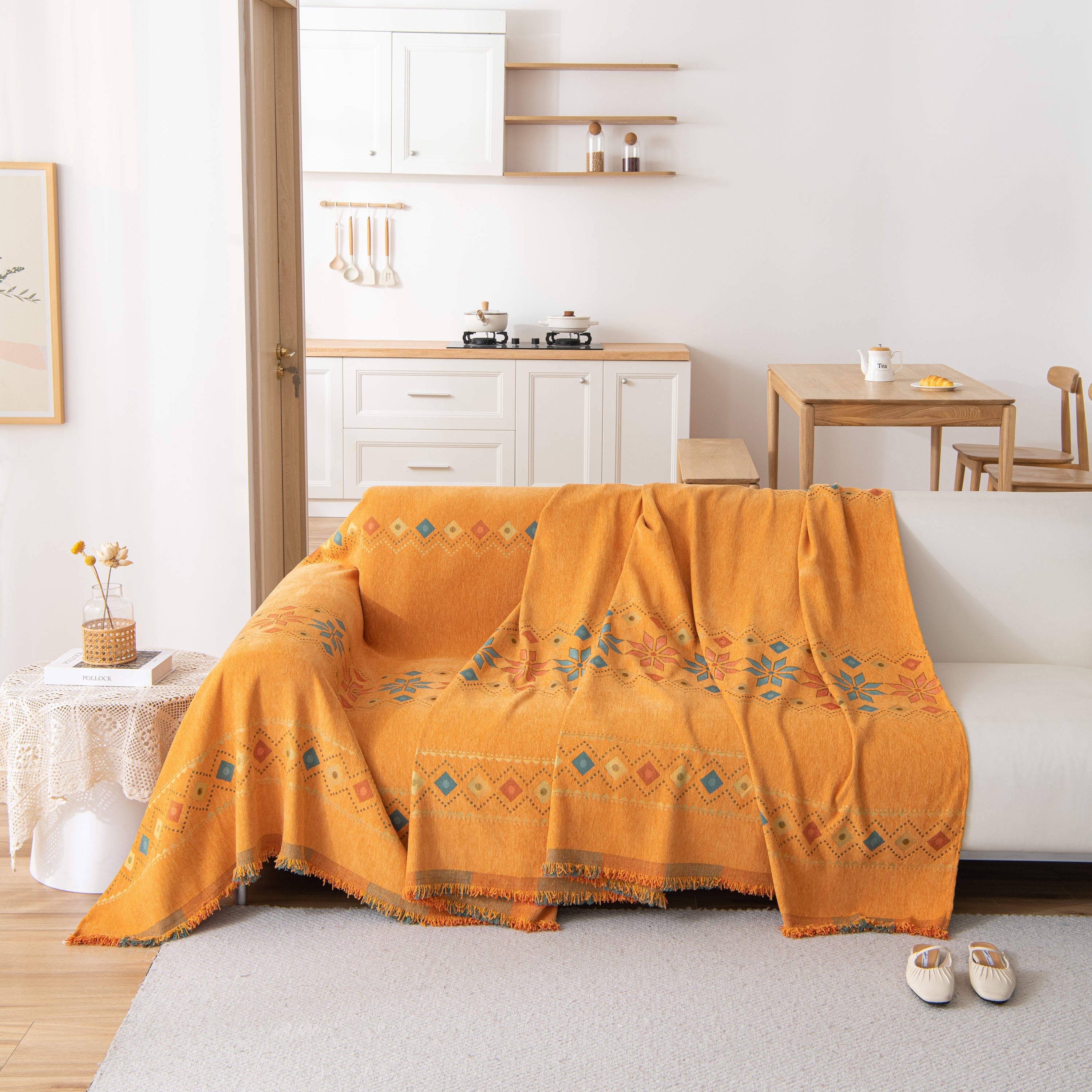 Bohemian Geometric Sofa Throw Cover, Cozy & Protective Ethnic-inspired Couch Cover