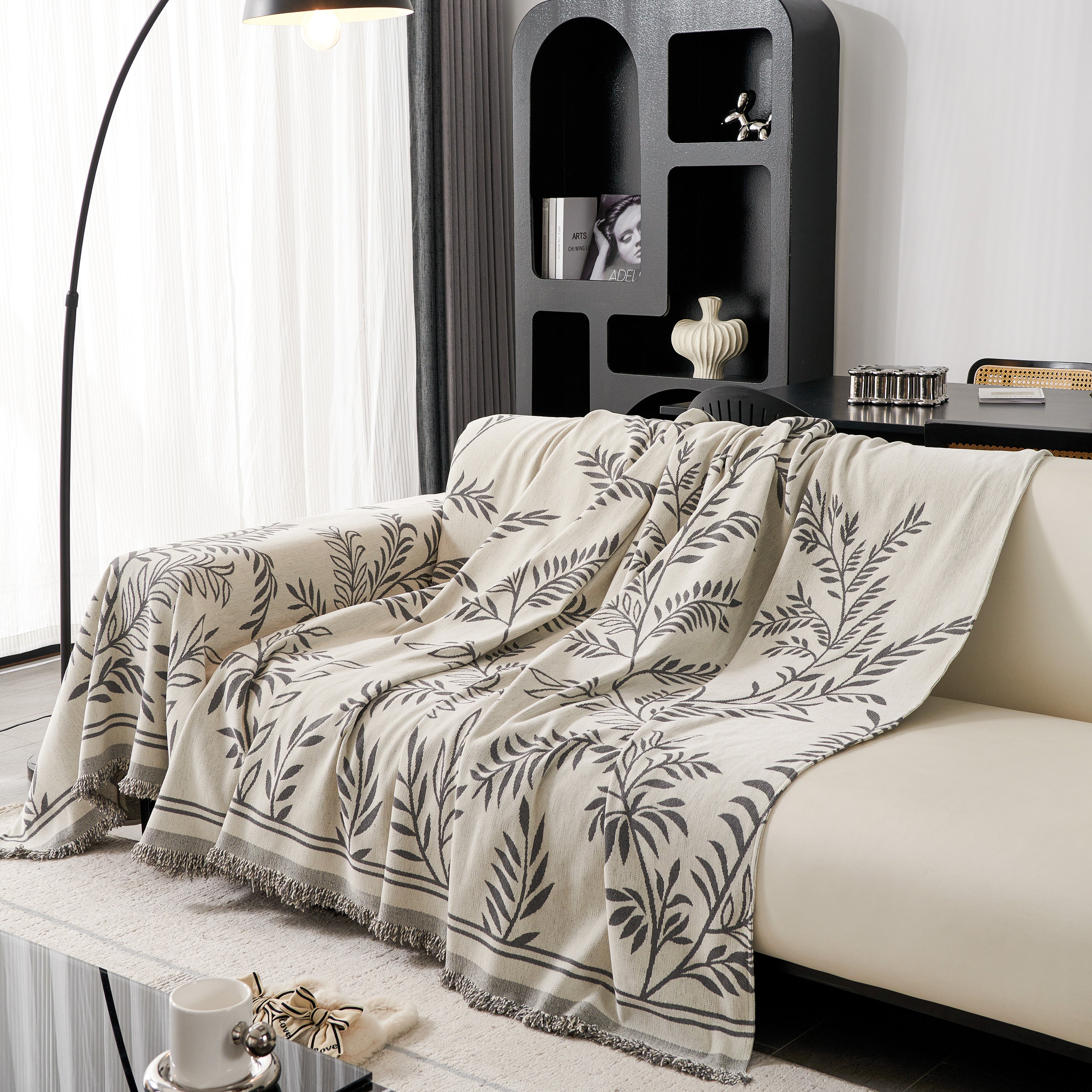 Modern Minimalist Chenille Willow Leaf Pattern Couch Cover Blanket, Luxurious Blankets For The Sofa