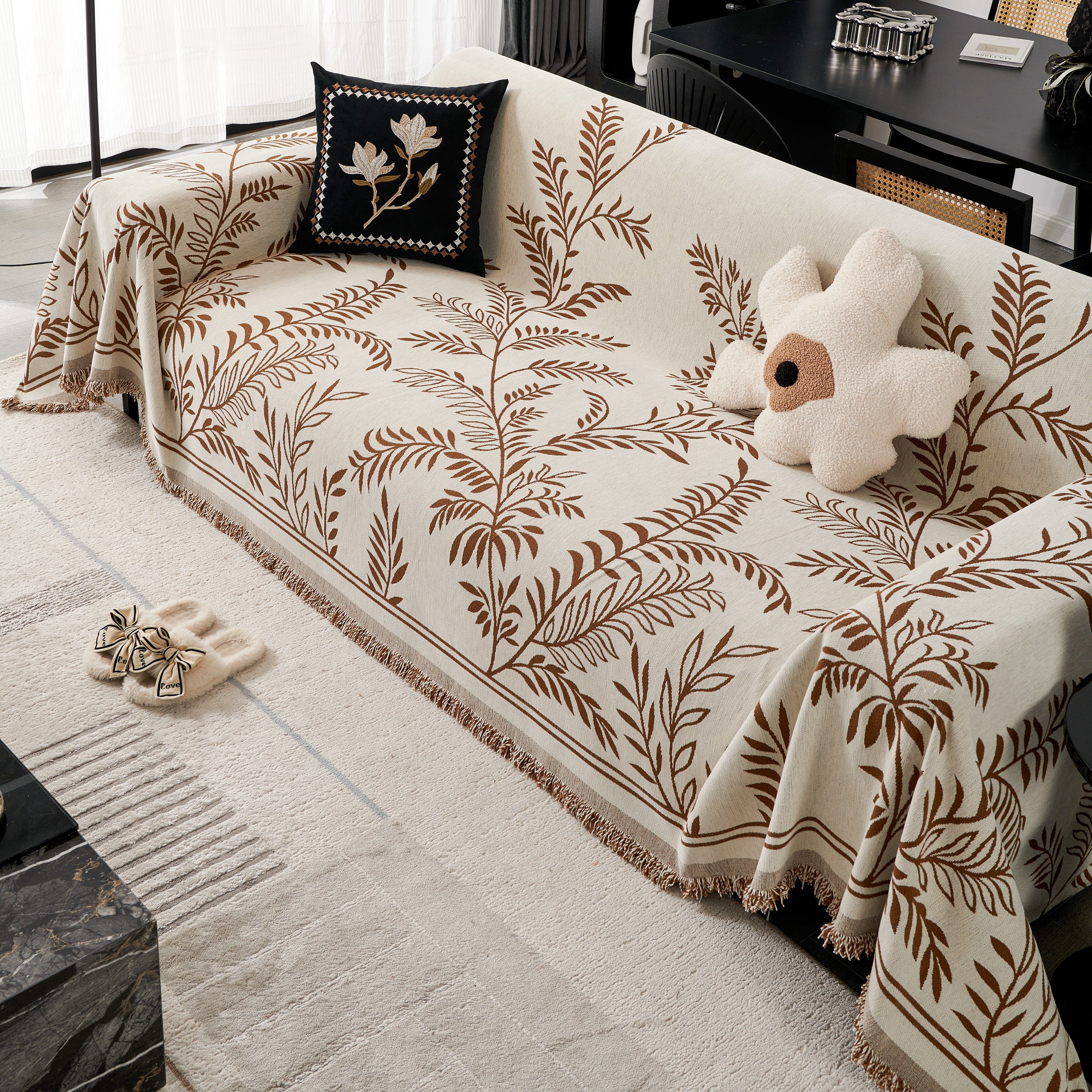 Modern Minimalist Chenille Willow Leaf Pattern Couch Cover Blanket, Luxurious Blankets For The Sofa